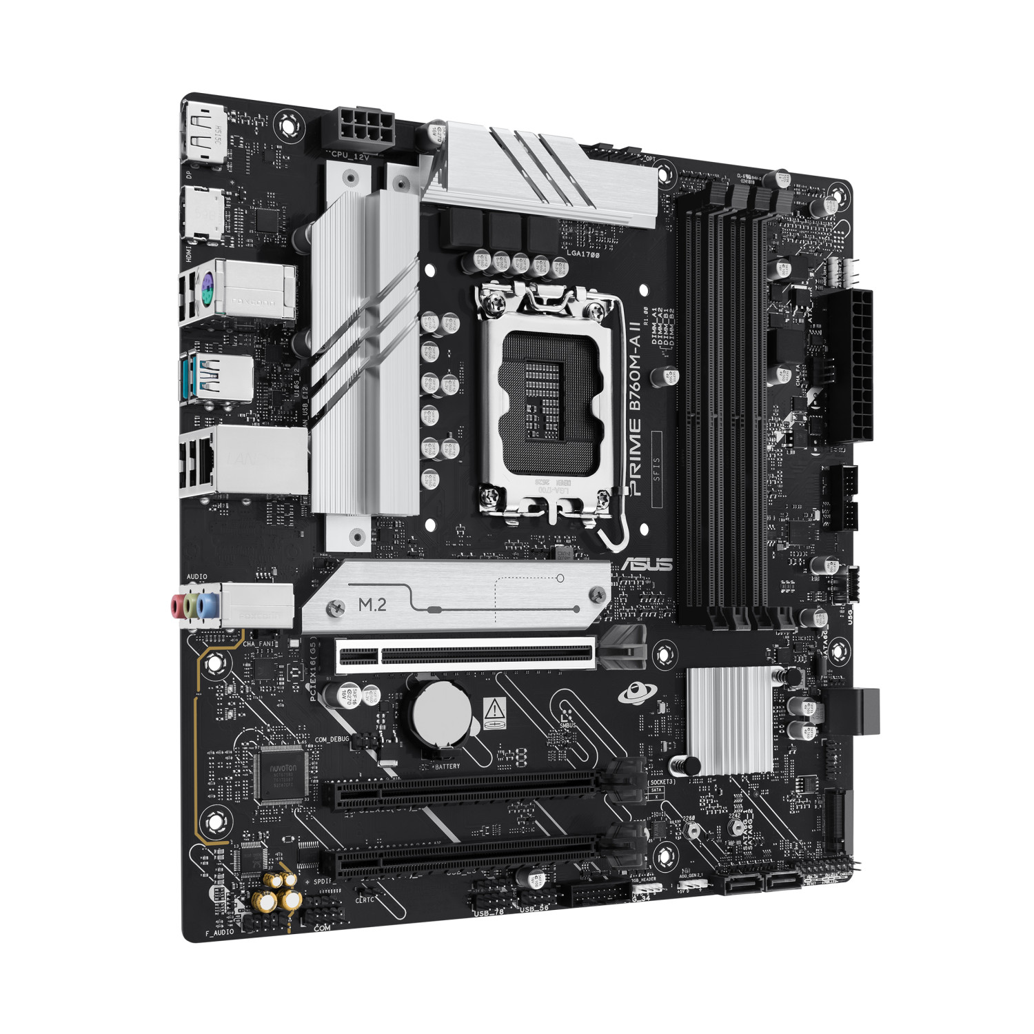 Eine schwarze ASUS PRIME B760M-A II Motherboard mit silbernen Kühlkörpern und Anschlüssen.