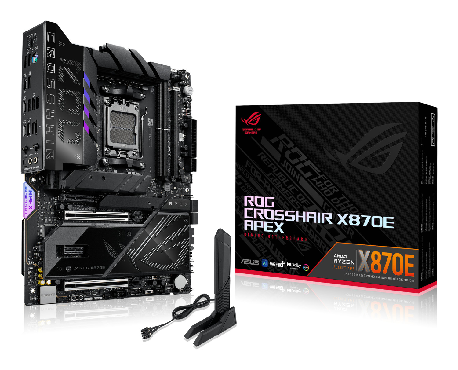 Ein ROG Crosshair X870E Apex Motherboard und seine Verpackung.