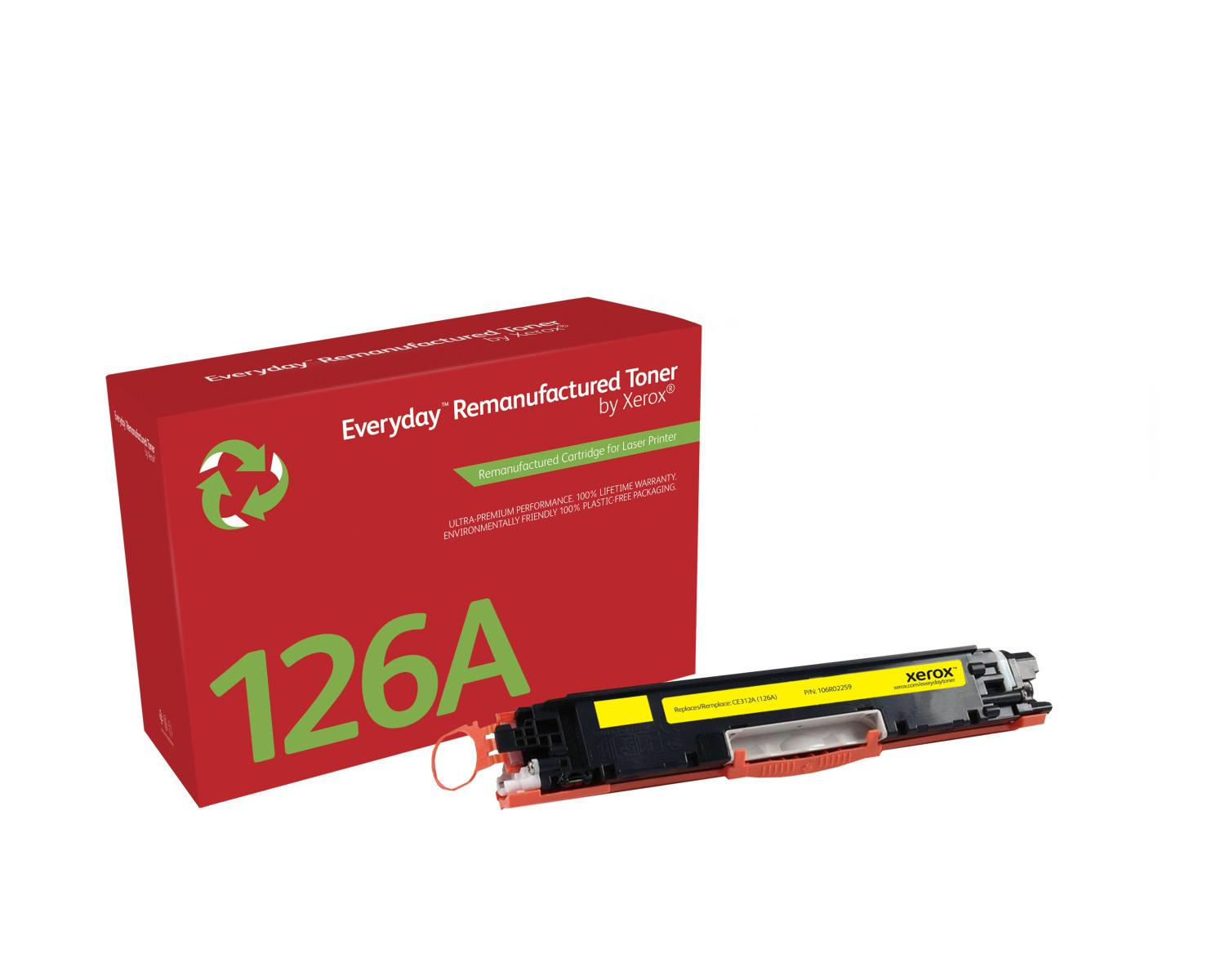 Een rode doos met het label '126A' en een gele Xerox toner cartridge.