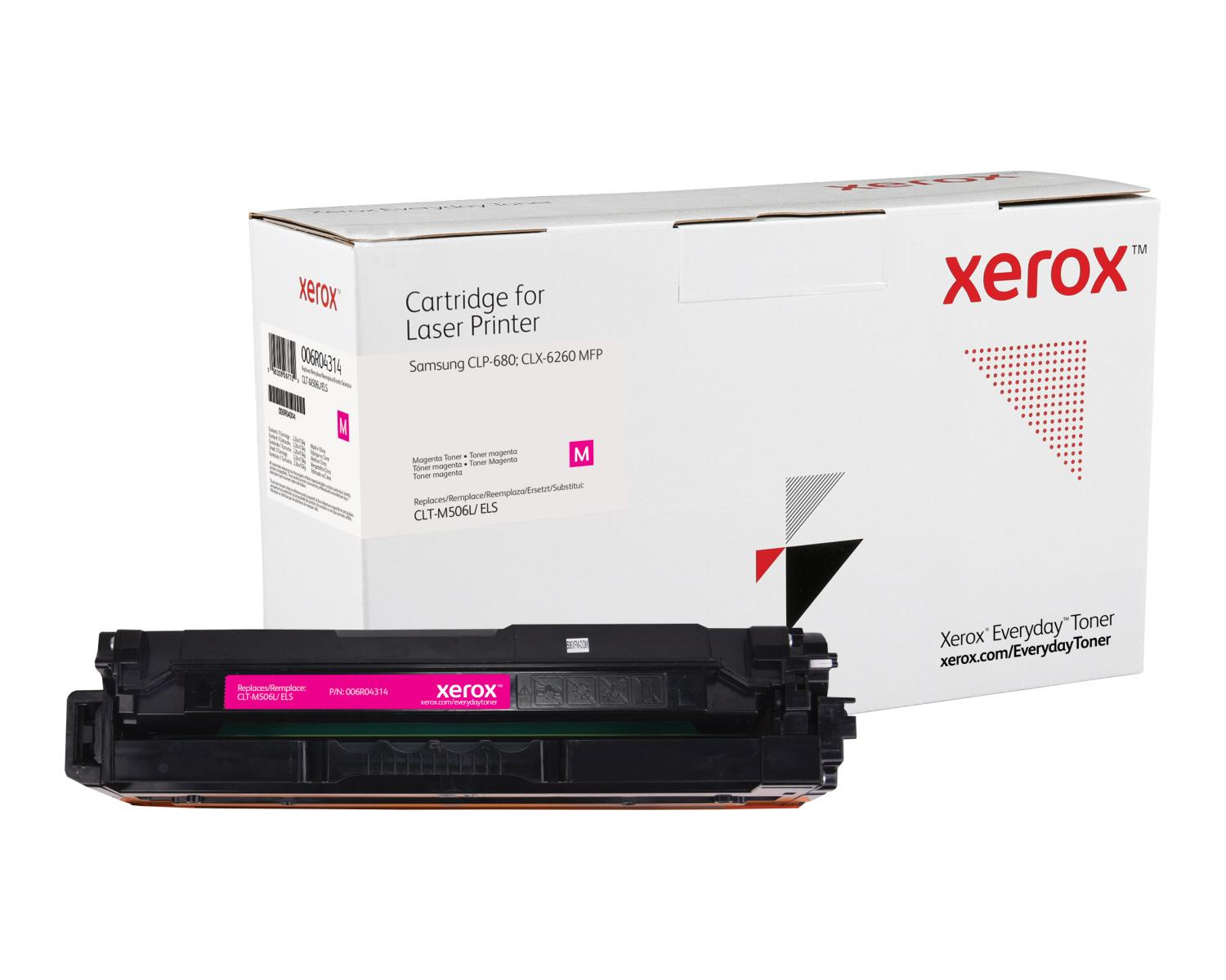Una cartuccia toner Xerox magenta e la sua confezione per stampanti laser.