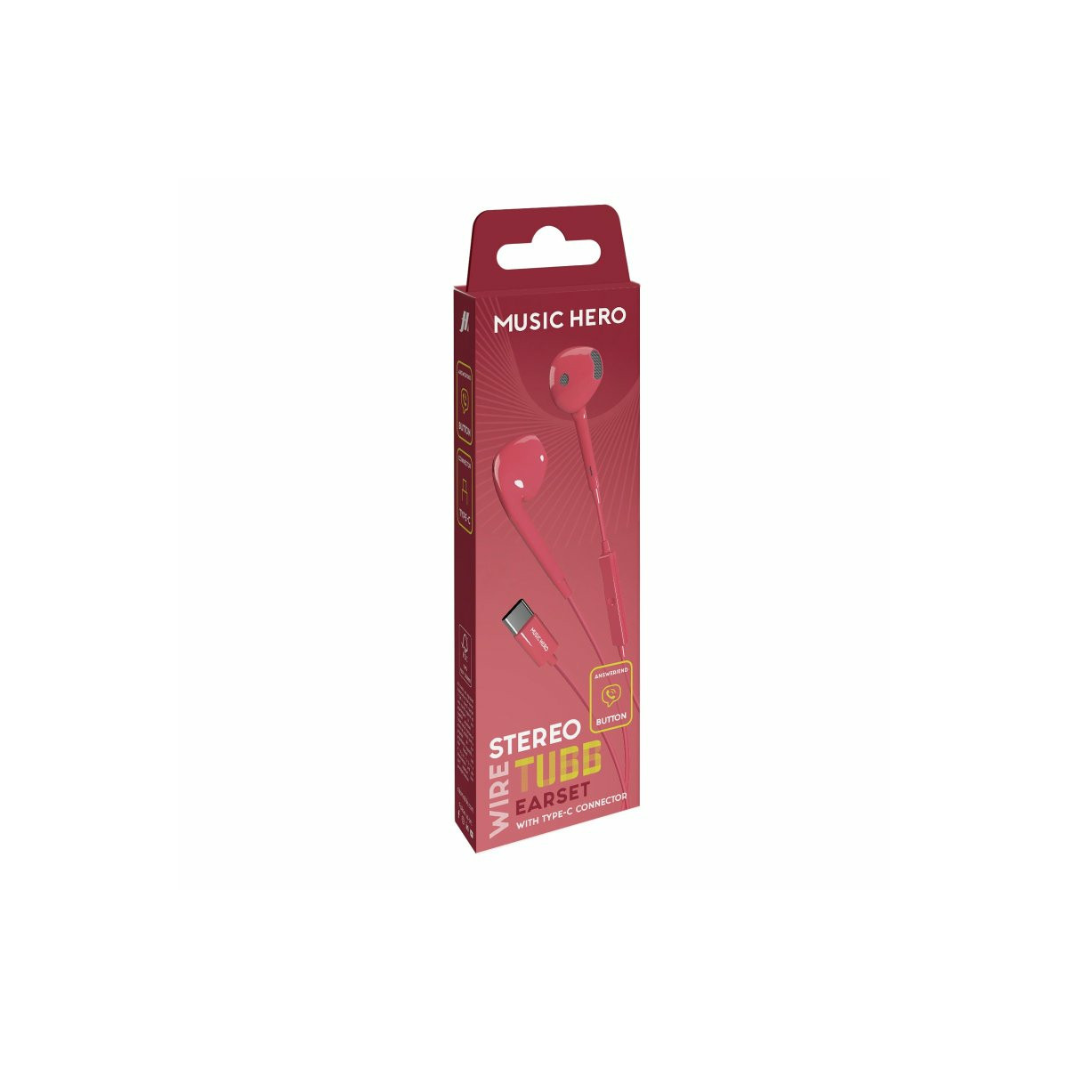 Auriculares rojos con conector Tipo-C en una caja con la marca Music Hero.