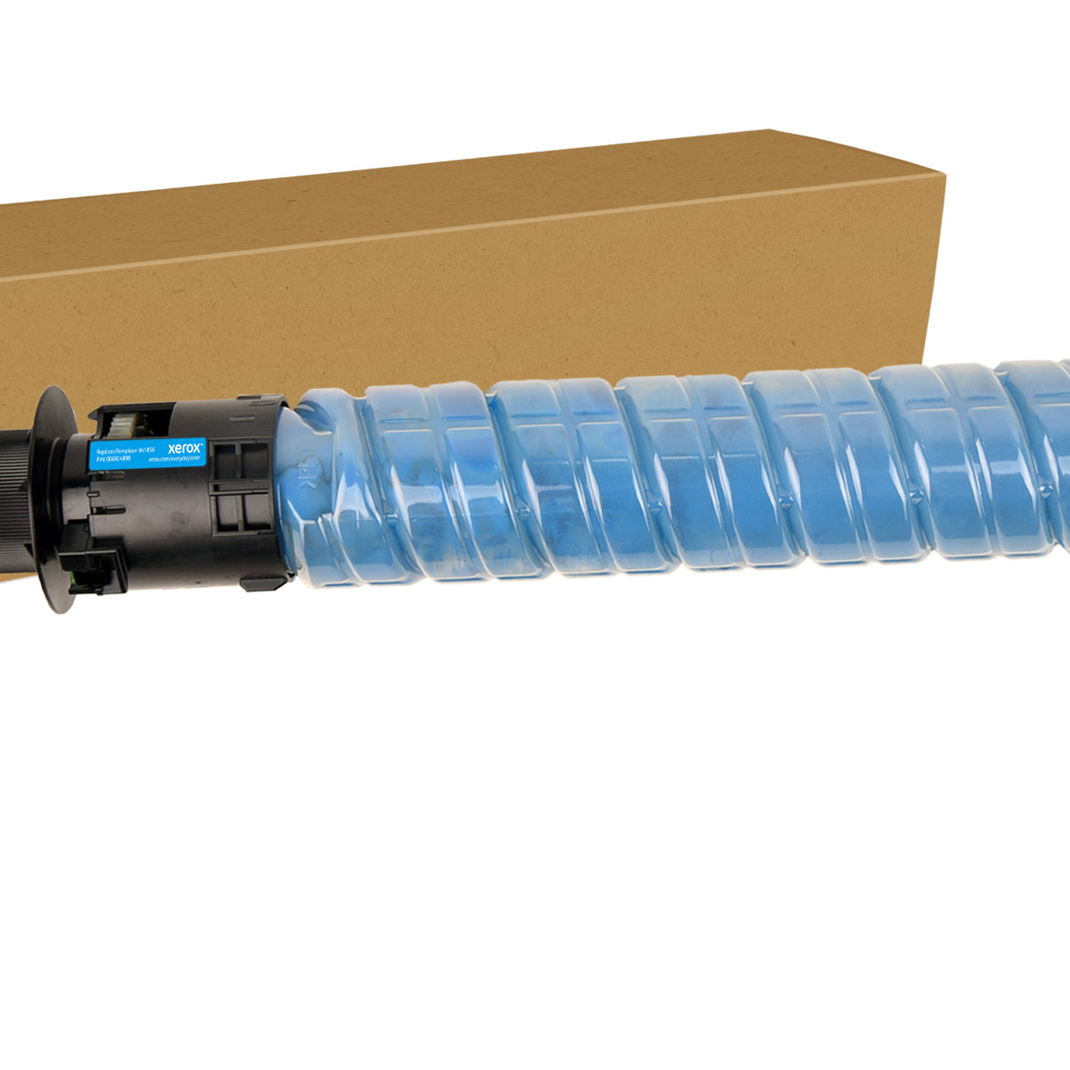Een blauwe Xerox toner cartridge met een bruine kartonnen doos op de achtergrond.
