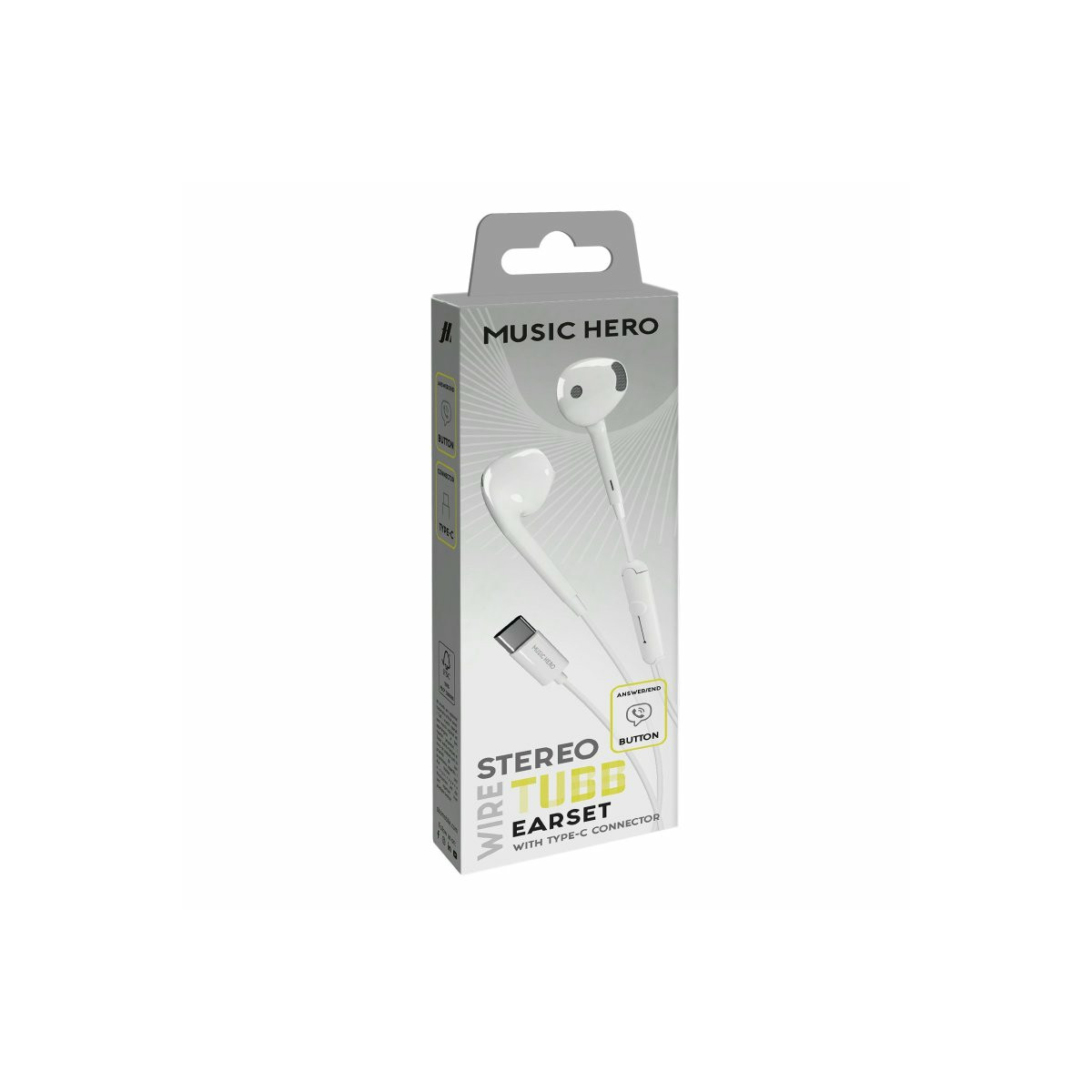 White Music Hero stereo earset with Type-C connector in packaging.