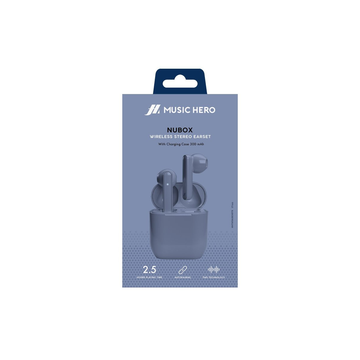 Confezione di auricolari wireless Music Hero Nubox con custodia di ricarica.