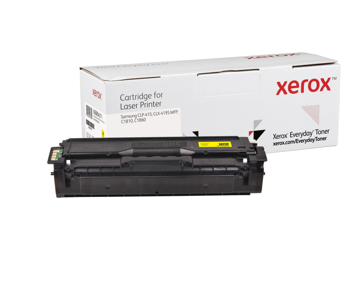 Zwarte Xerox toner cartridge en witte doos met Xerox logo en tekst.
