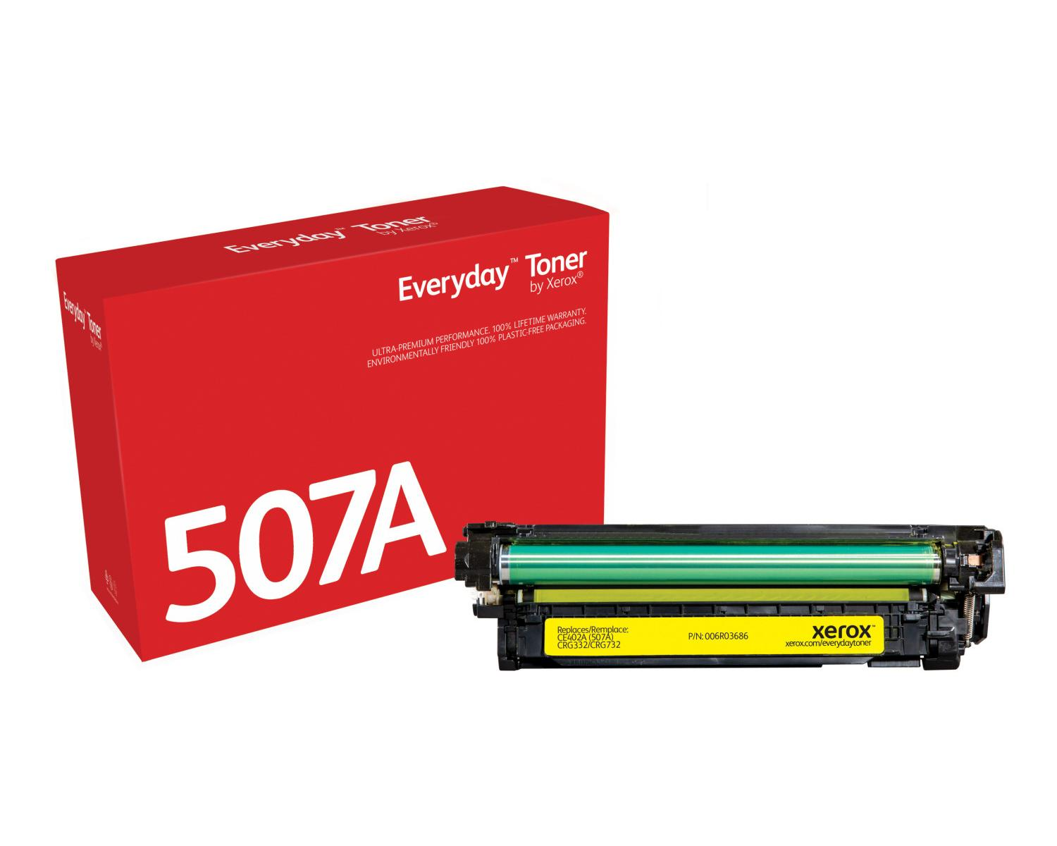 Een rode Xerox 507A toner cartridge met groene rol naast een rode doos.