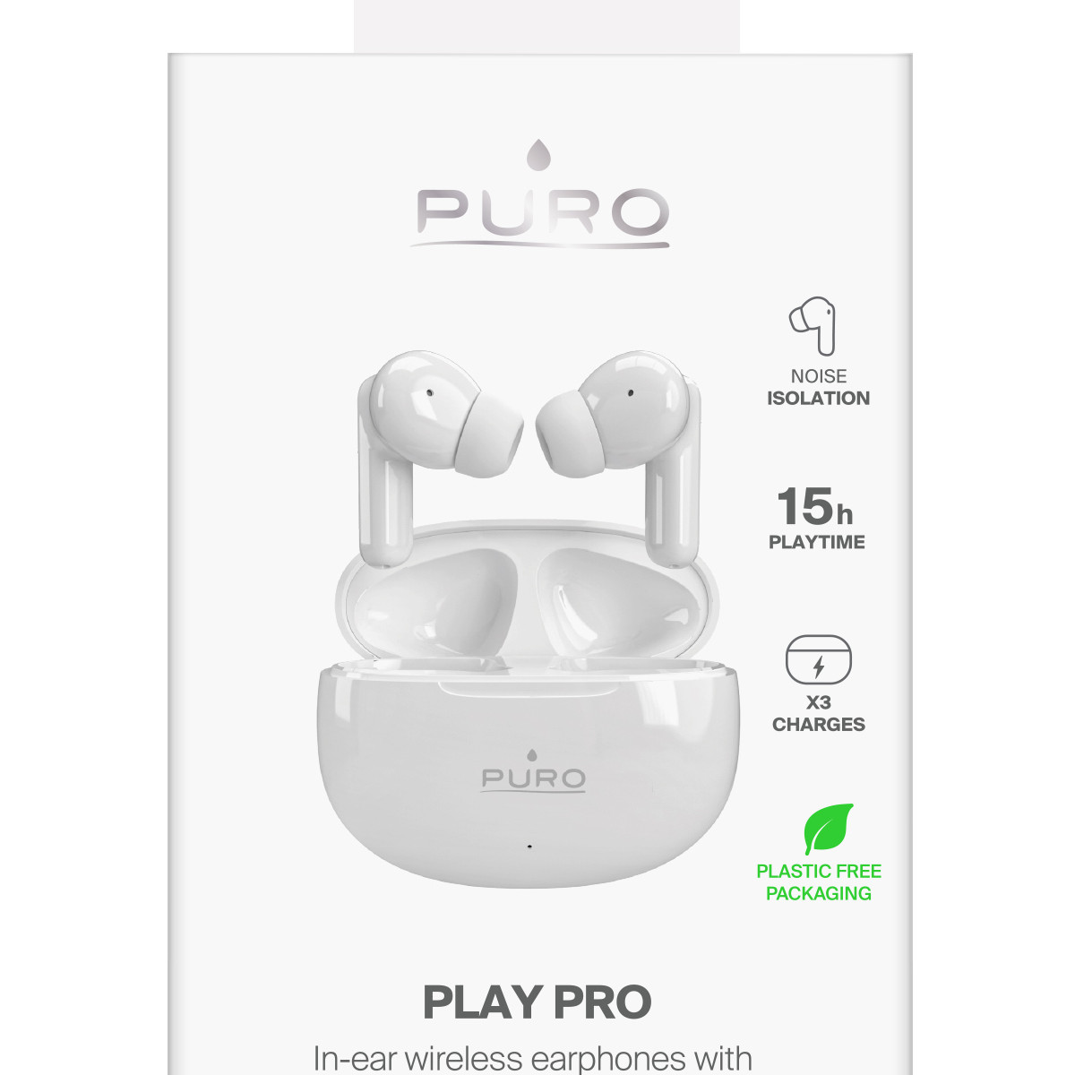 Weiße Puro Play Pro In-Ear-Kopfhörer mit Ladecase, 15h Akkulaufzeit.