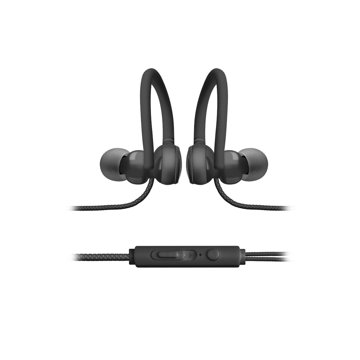 Auricolari neri con ganci per le orecchie e pulsante di controllo sul cavo.