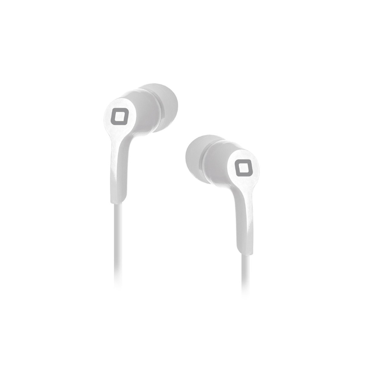 Auriculares blancos intrauditivos con logo cuadrado gris en el tallo.