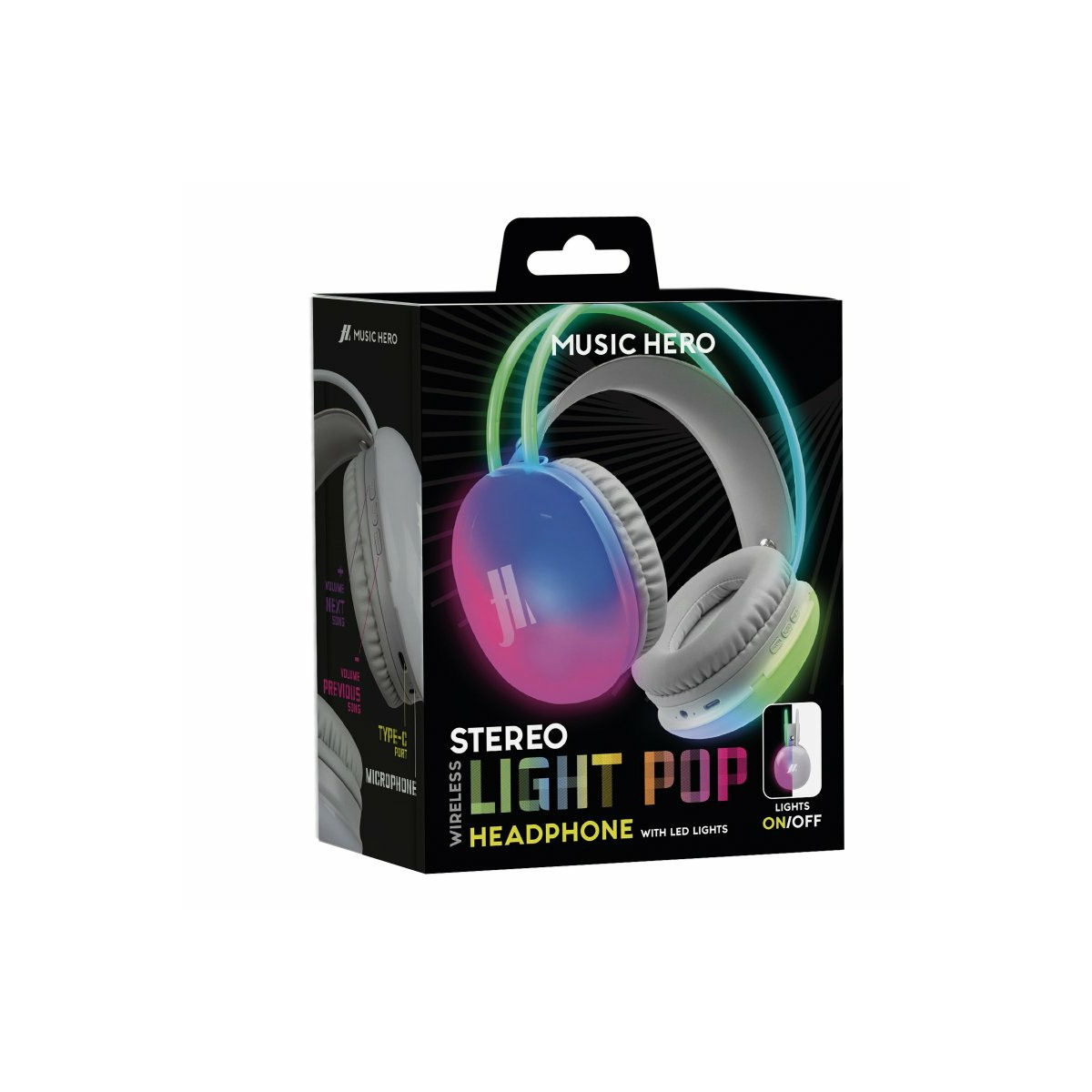 Confezione di cuffie wireless Music Hero con luci LED colorate.