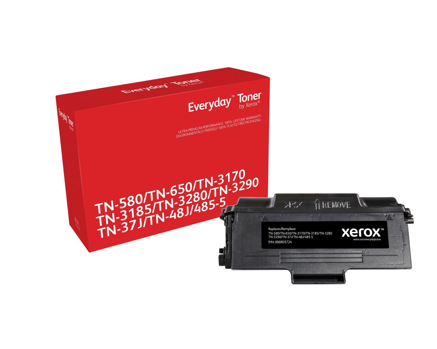 Una scatola rossa con cartucce toner e una cartuccia toner Xerox nera accanto.