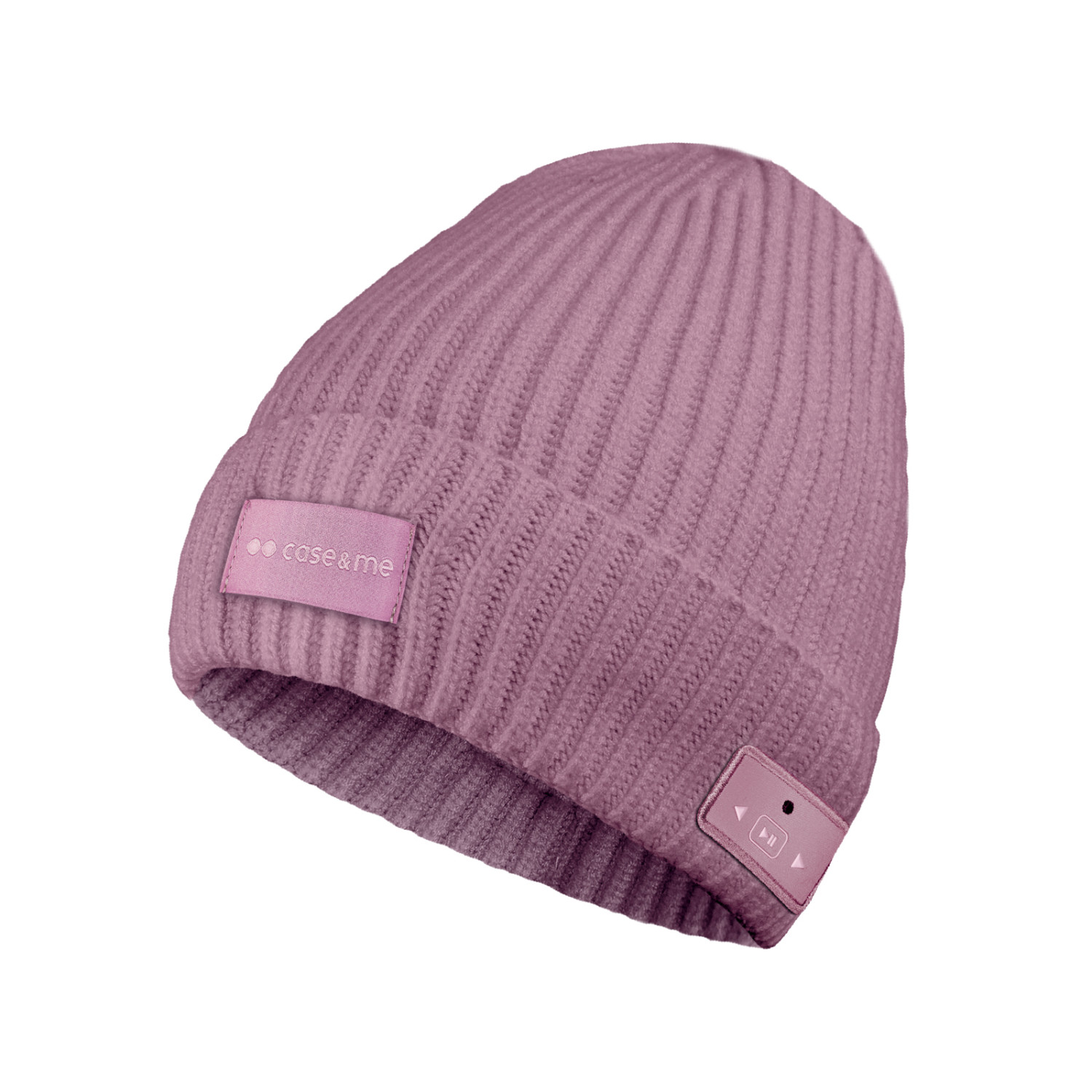 Berretto in maglia rosa con altoparlante Bluetooth e etichetta.