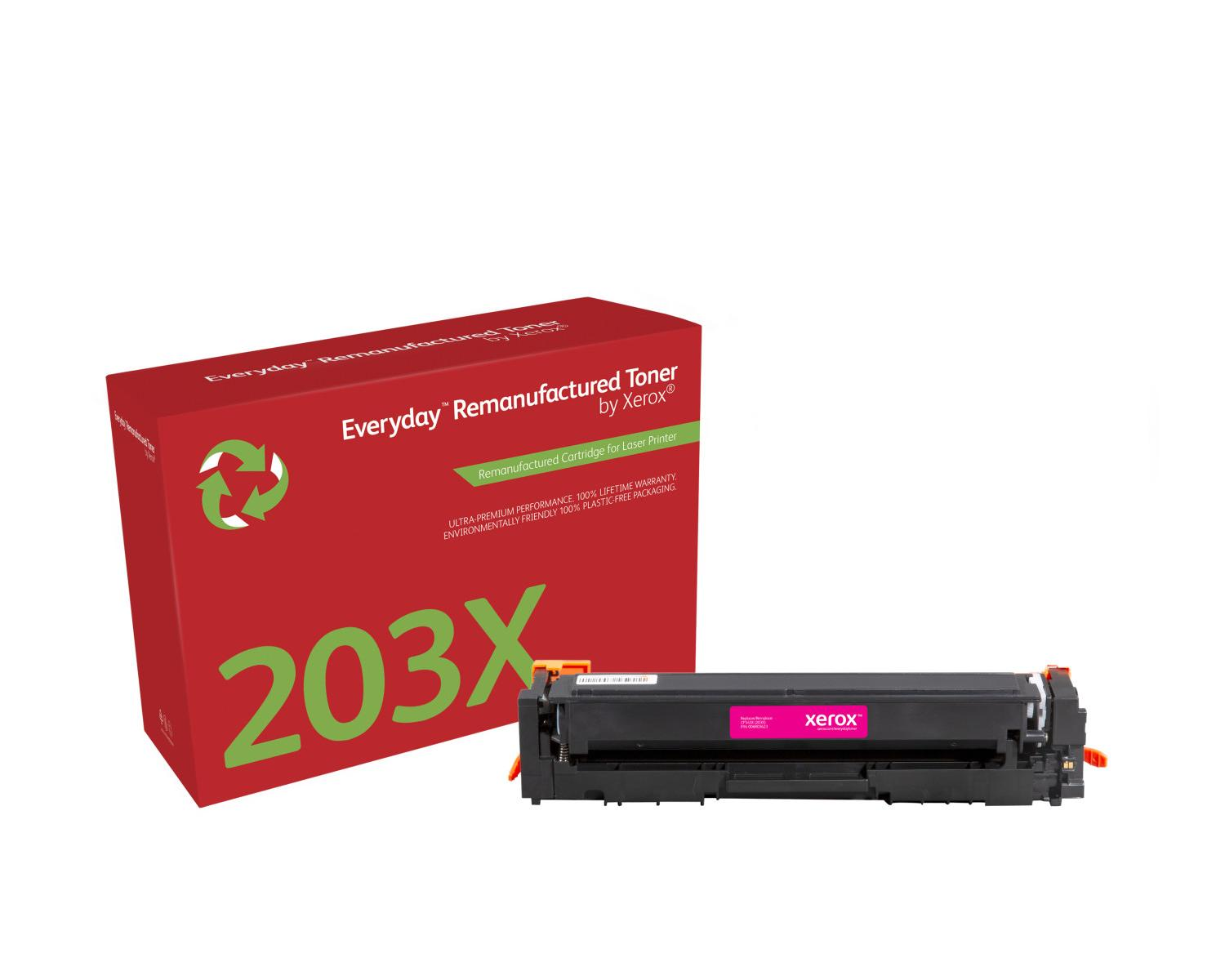 Een rode doos met het label 203X en een Xerox laserprinter toner cartridge.
