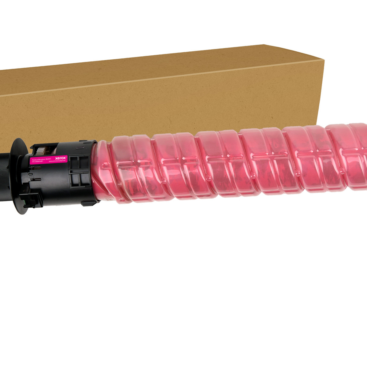 Een roze Xerox tonercartridge met zwarte connector en kartonnen doos erachter.