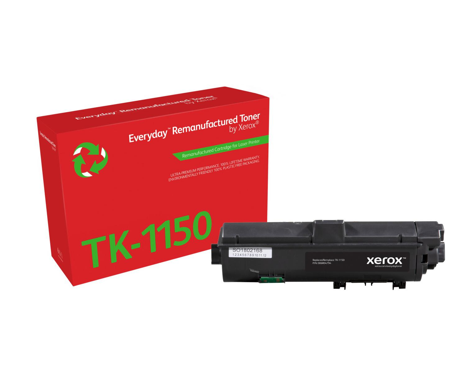 Rode doos met groen recycling symbool. Zwarte Xerox toner cartridge TK-1150.
