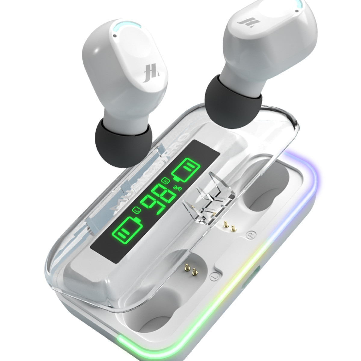 Auricolari wireless bianchi e custodia di ricarica con display digitale che mostra il 98% di batteria.