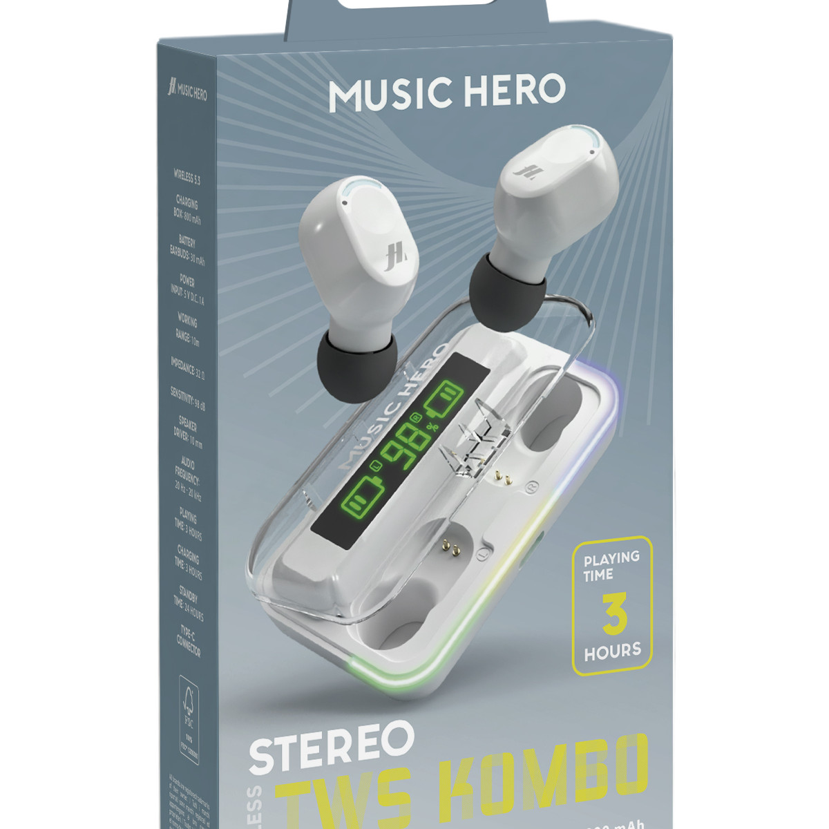 Auricolari bianchi Music Hero e custodia di ricarica con 98% di batteria. Autonomia 3 ore.