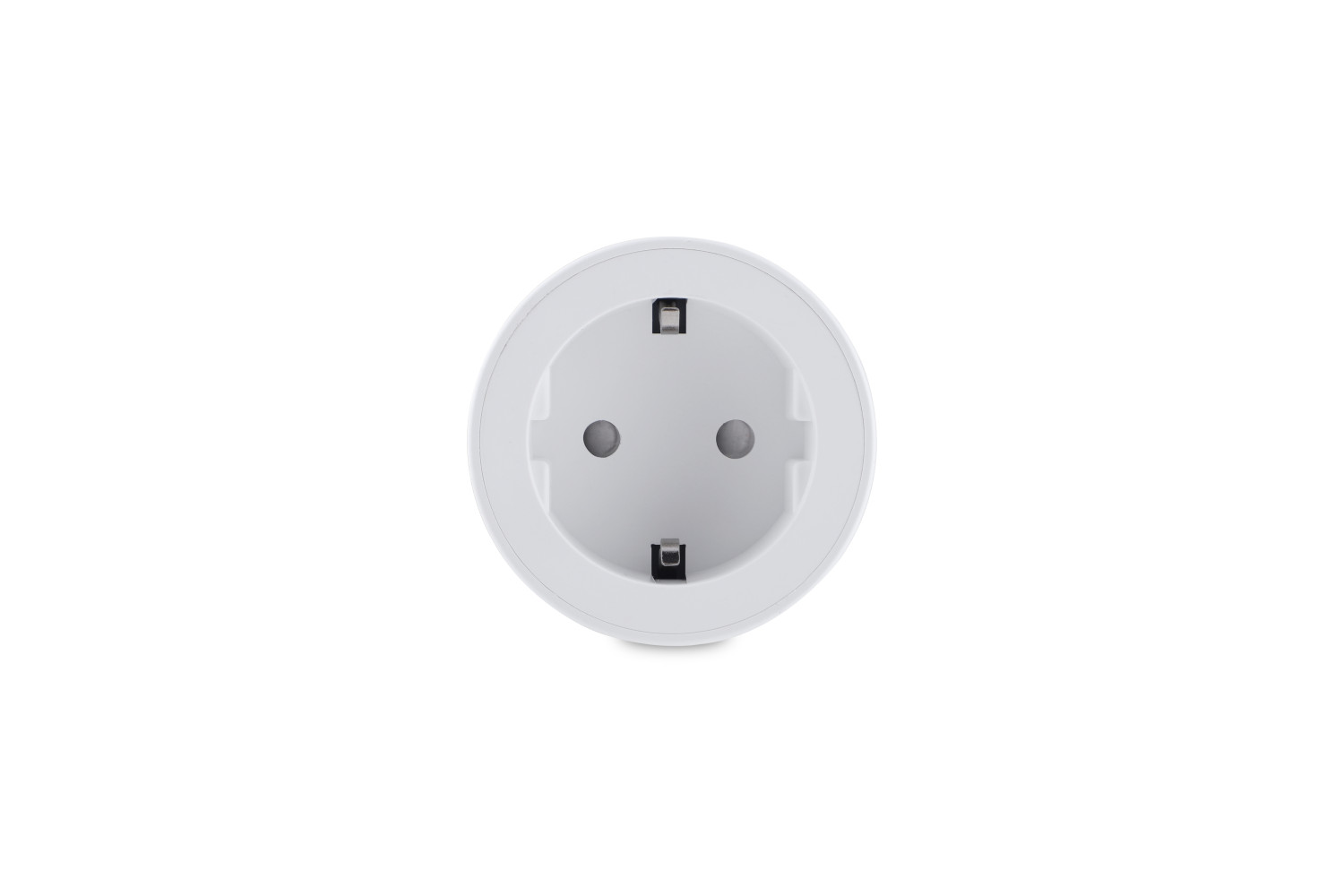 Ein weißer, runder Steckdosenadapter mit zwei runden Löchern.