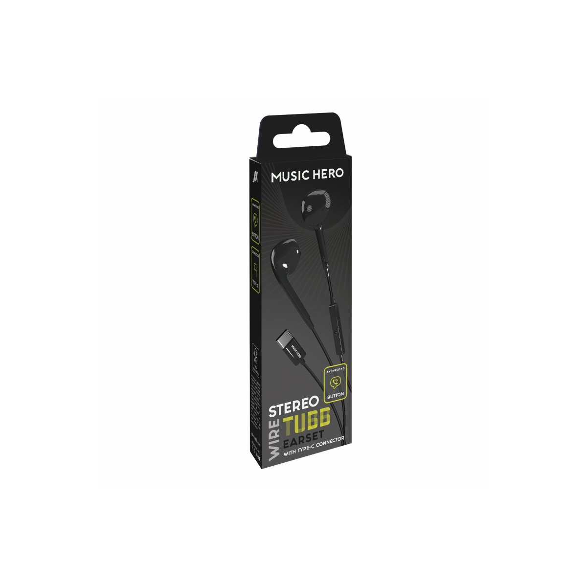 Black "Music Hero" stereo earbuds in packaging with Type-C connector.