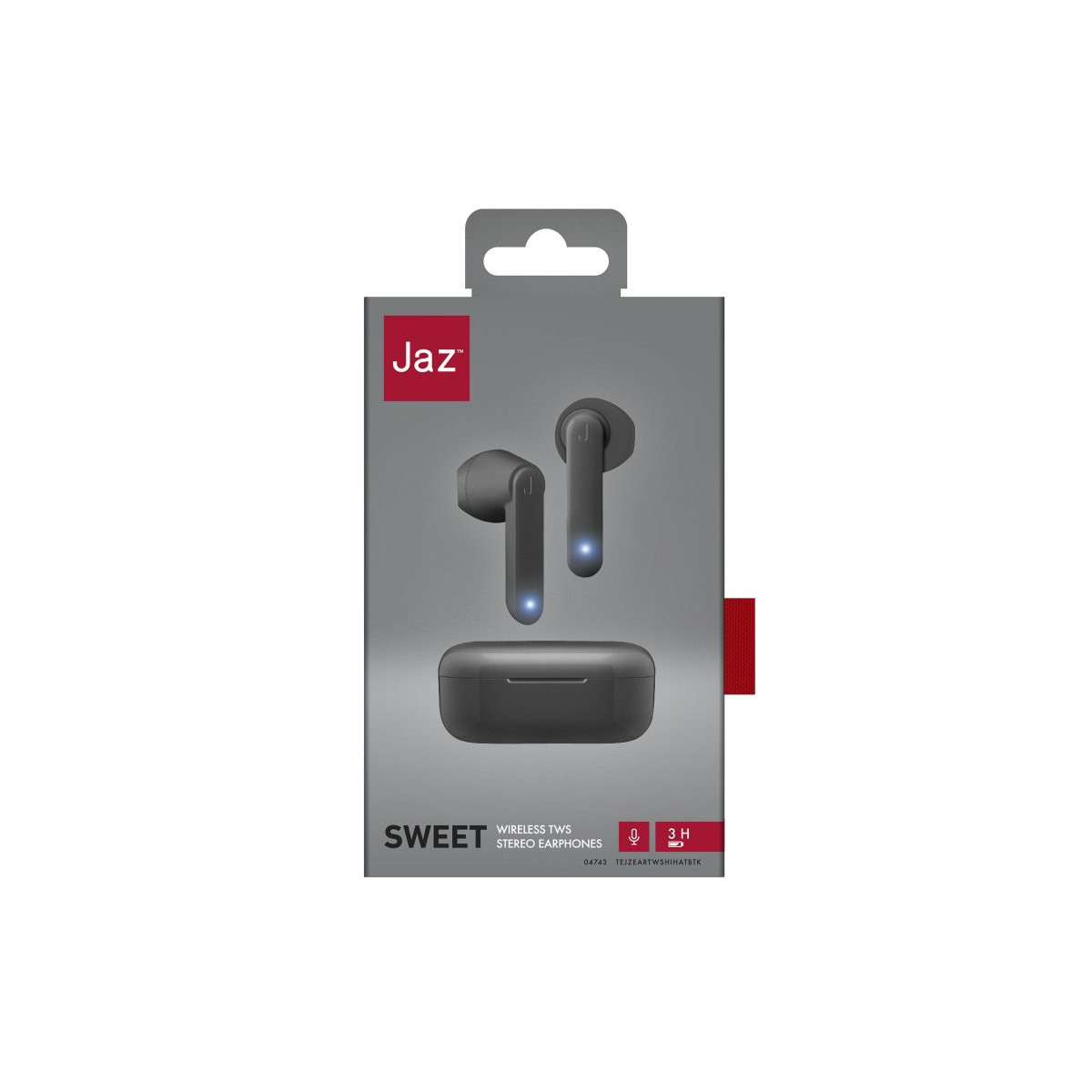 Empaque de audífonos estéreo inalámbricos Jaz Sweet en gris con audífonos y estuche de carga.