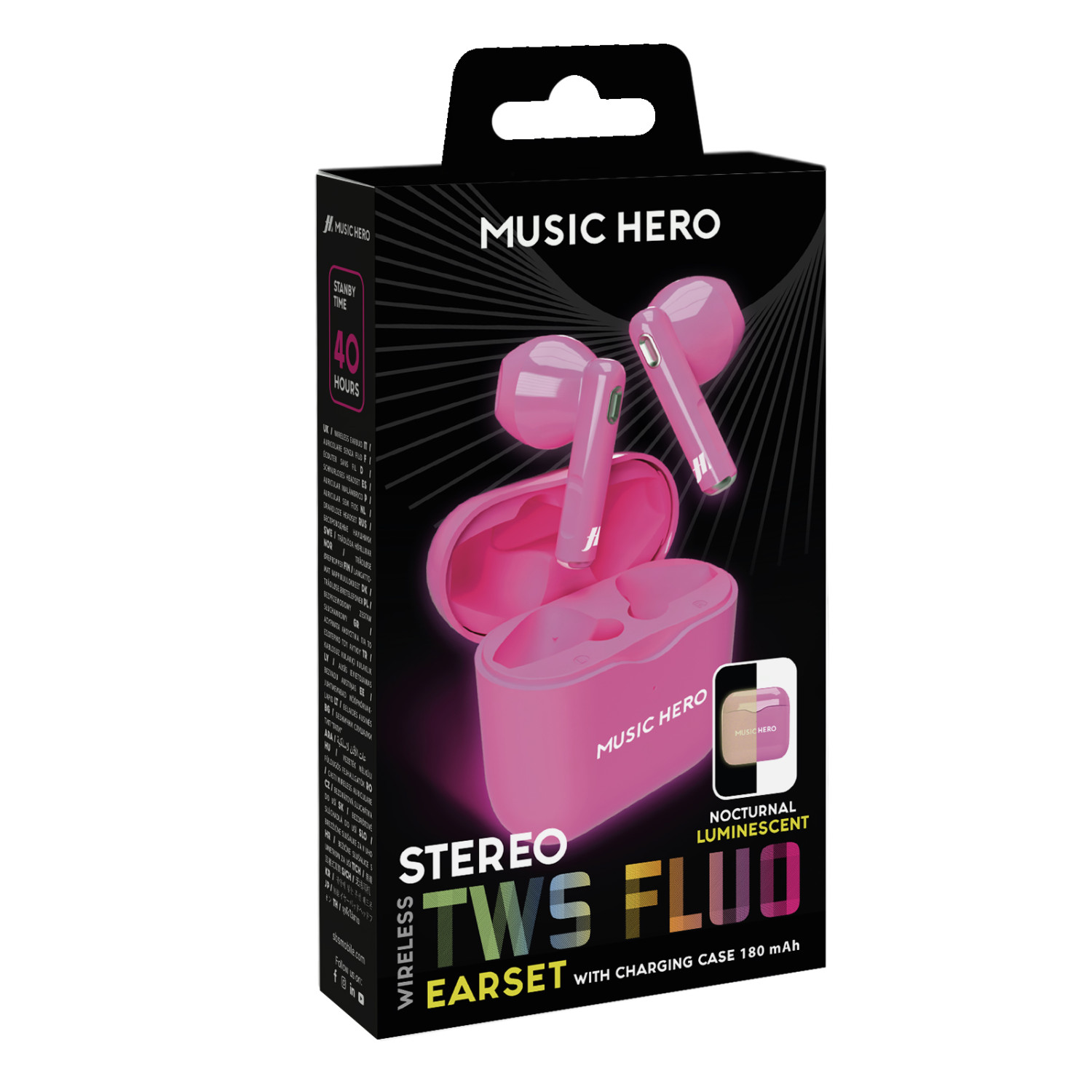 Confezione di auricolari wireless rosa e custodia di ricarica, marca Music Hero.