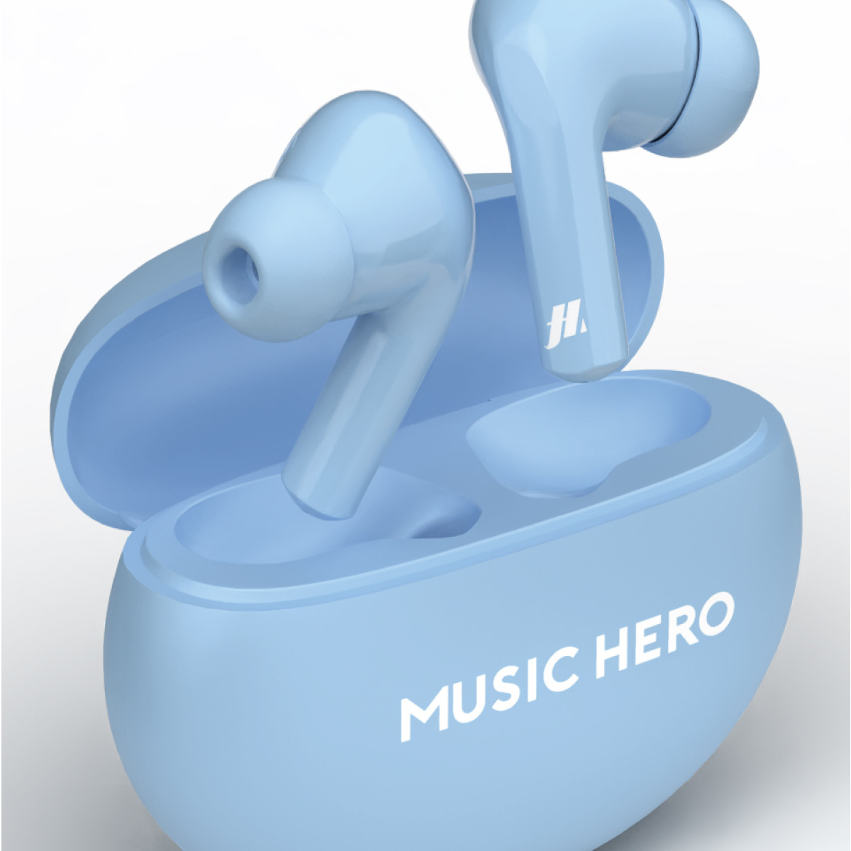 Auricolari wireless azzurri con custodia di ricarica. Testo "MUSIC HERO" visibile.