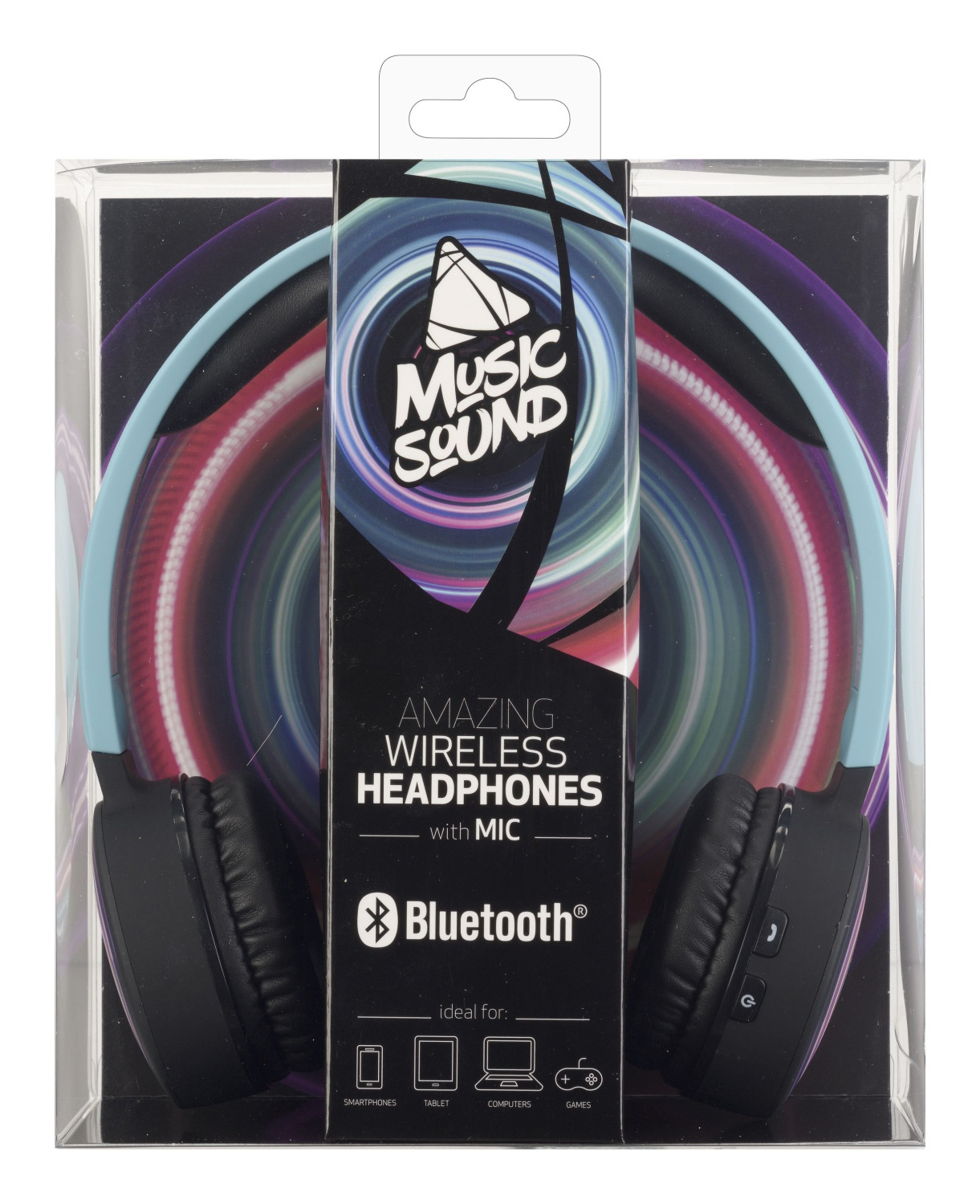 Confezione di cuffie wireless con logo Bluetooth e marchio Music Sound.