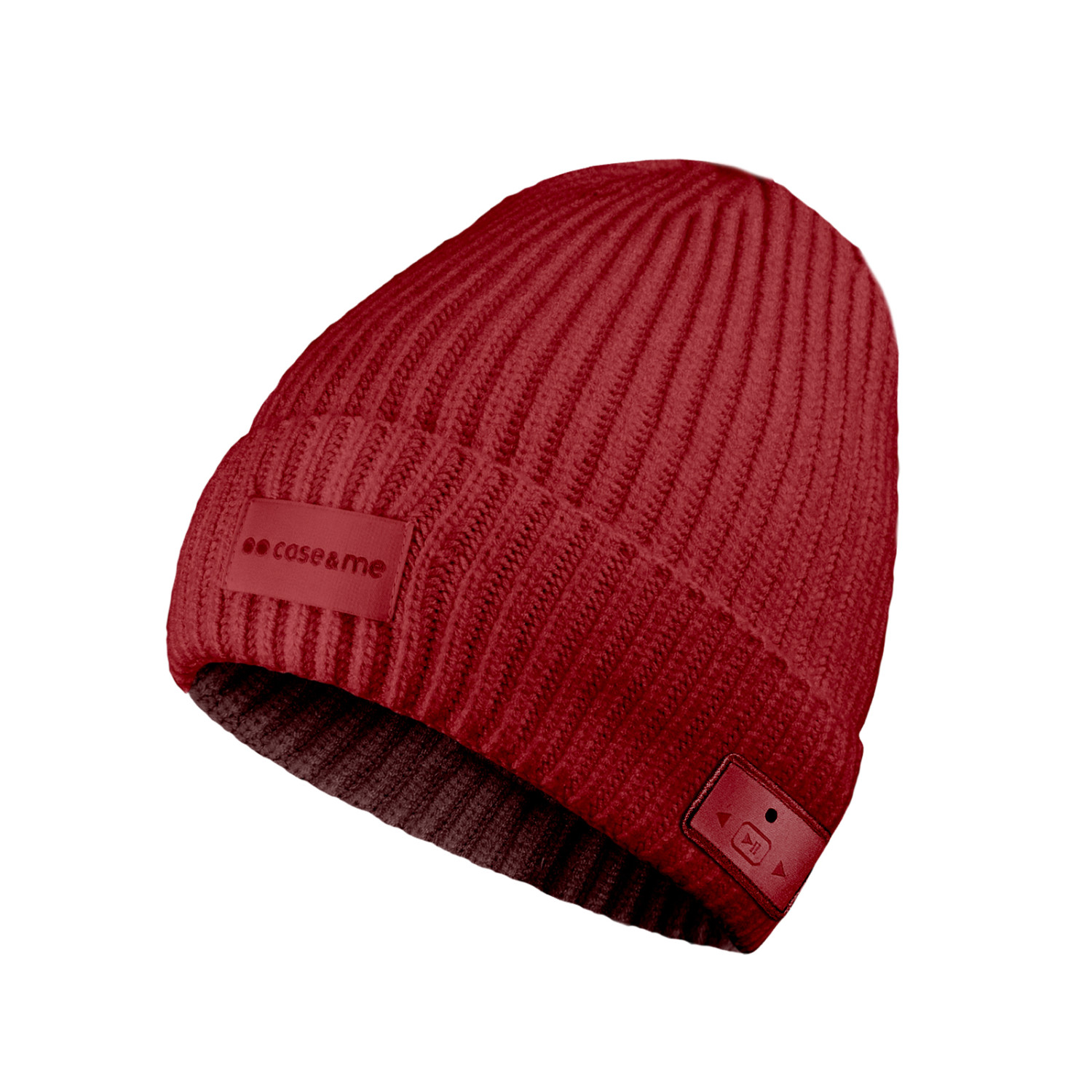 Un berretto rosso in maglia con cuffie integrate e pannello di controllo.