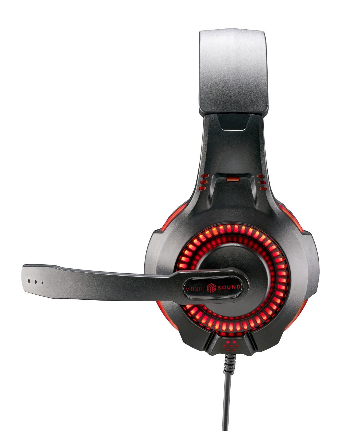 Schwarzer Gaming-Kopfhörer mit Mikrofon und roten LED-Lichtern.