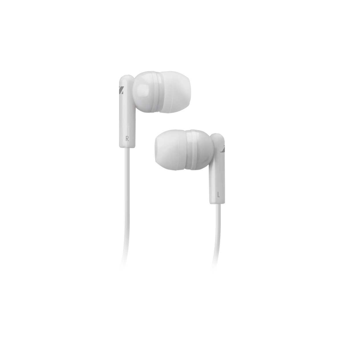White earbuds with R and L indicators on a white background.