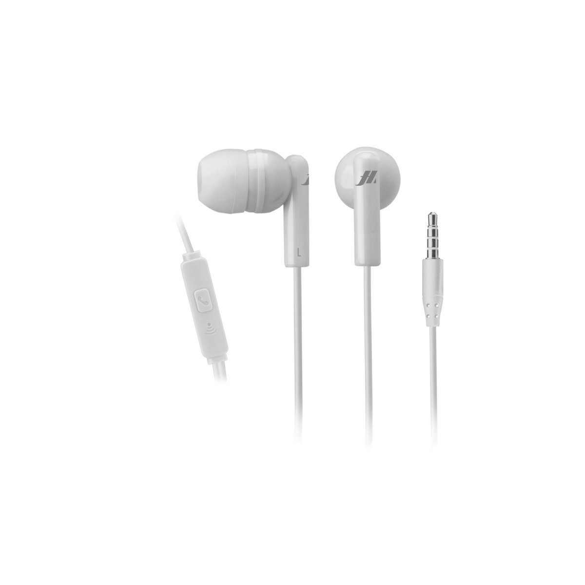 White earbuds with inline mic and 3.5mm jack on a white background.