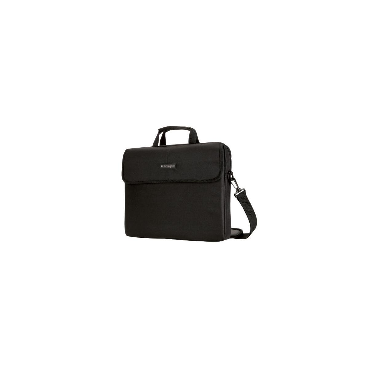 Schwarze Laptoptasche mit Henkel und Tragegurt, seitlich und von vorne.