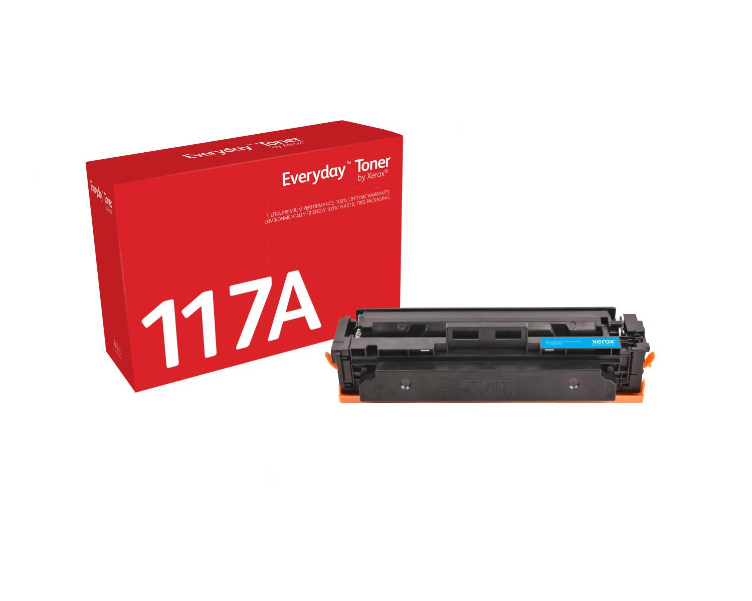 Czerwone pudełko "117A Everyday Toner" obok kartridża z tonerem.