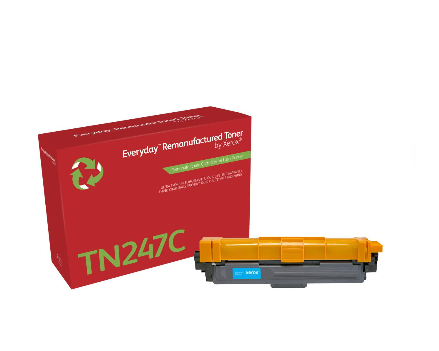 Scatola rossa con stampa TN247C e cartuccia toner Xerox giallo-grigio accanto.
