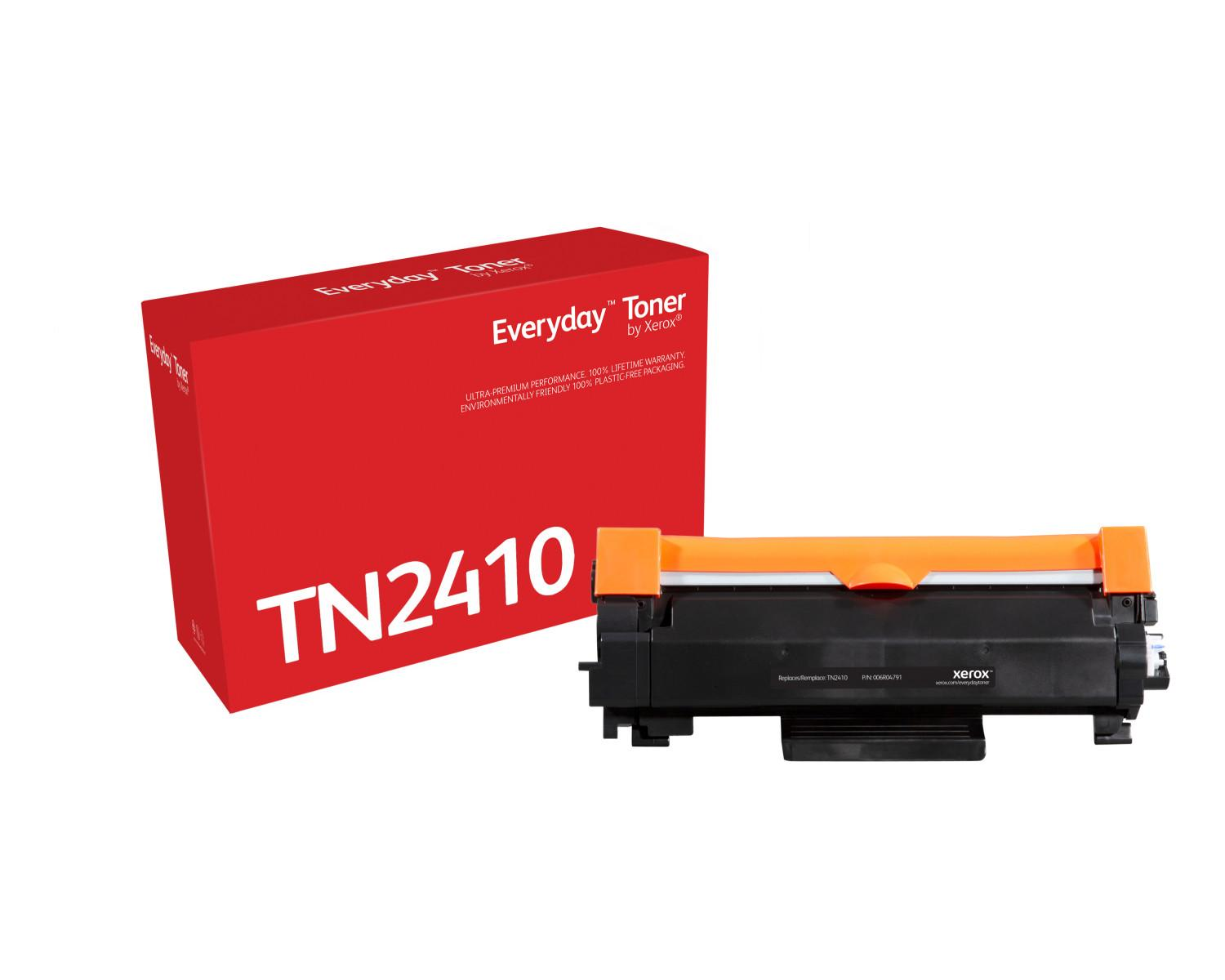 Rode doos met "TN2410" en een zwarte toner cartridge met oranje accenten.