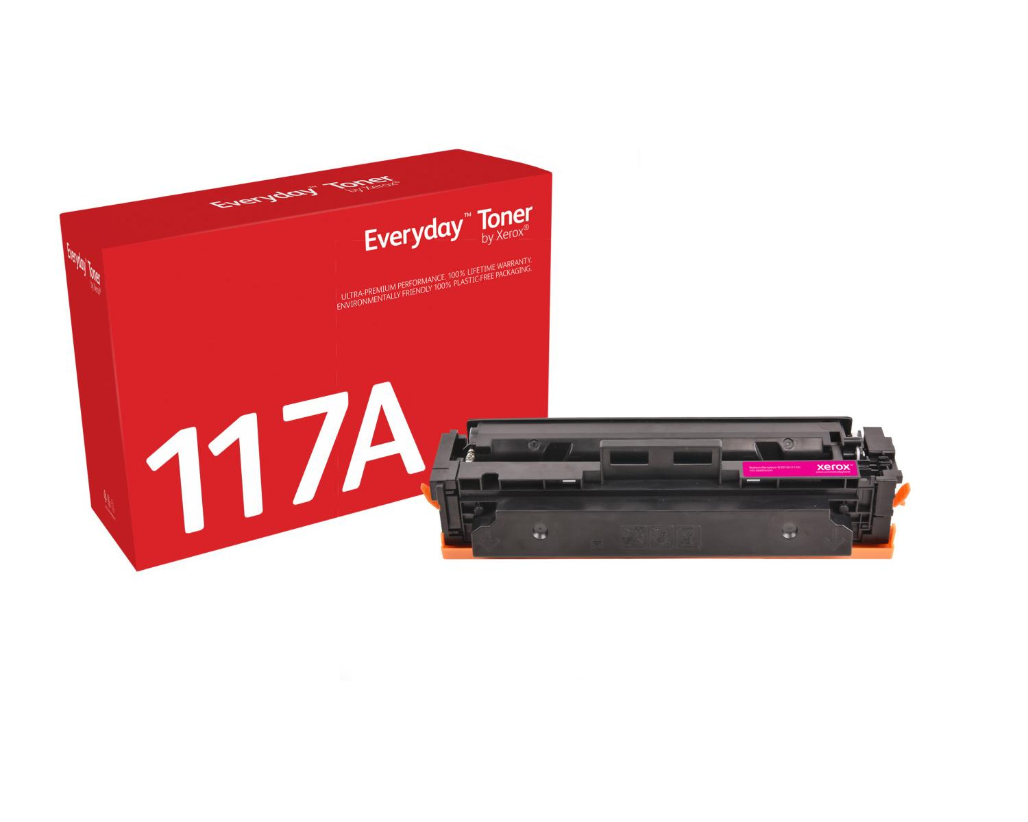 Czerwone pudełko z napisem 117A, Everyday Toner by Xerox, i czarny wkład tonera z pomarańczowymi akcentami.
