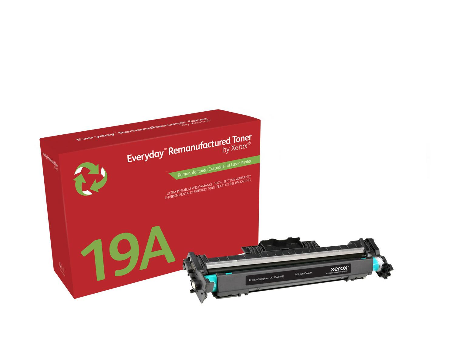 Rode doos met opschrift 19A & Xerox tonercartridge met recyclinglogo.
