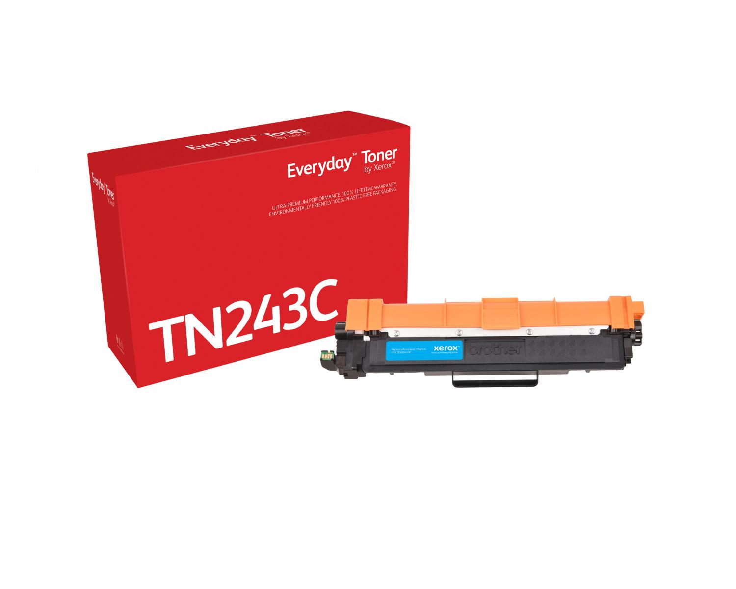 Una scatola rossa per toner TN243C e una cartuccia toner accanto.