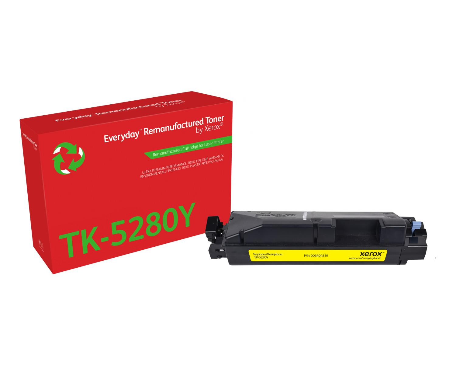 Żółty toner Xerox obok czerwonego pudełka TK-5280Y.
