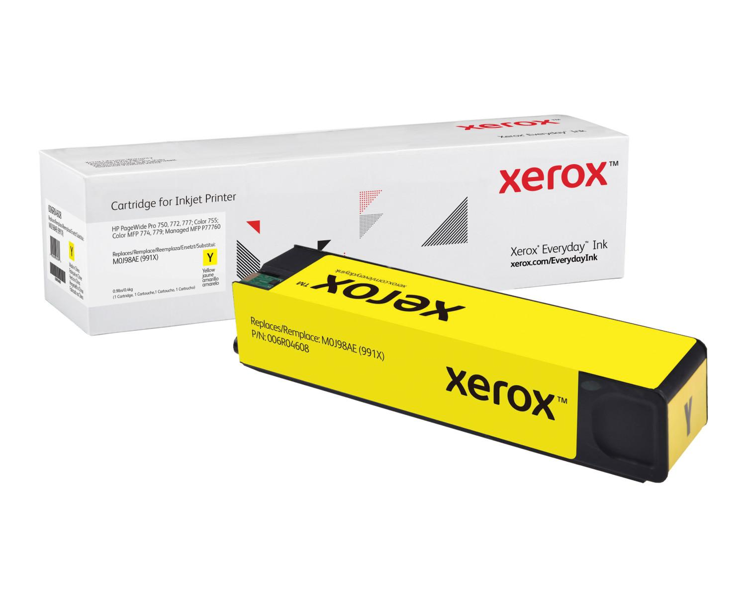 Una scatola di cartuccia per stampante a getto d'inchiostro Xerox gialla e una cartuccia.