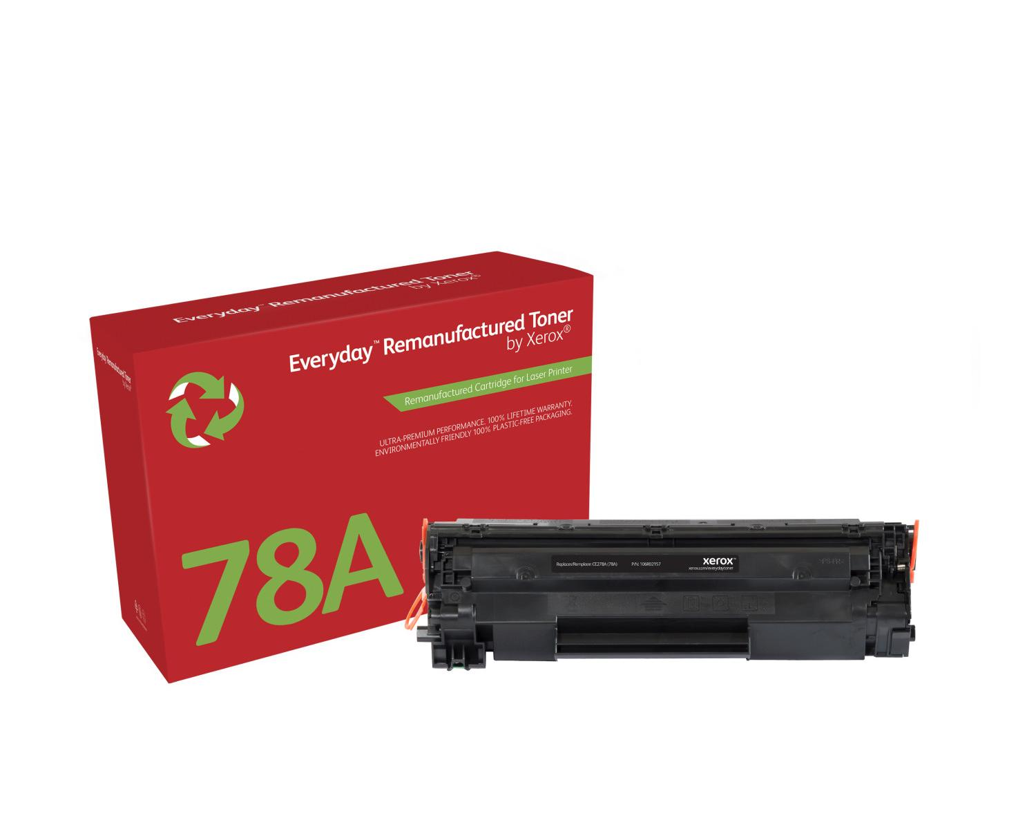 Scatola rossa etichettata 78A con simbolo di riciclo, accanto a una cartuccia toner Xerox nera.