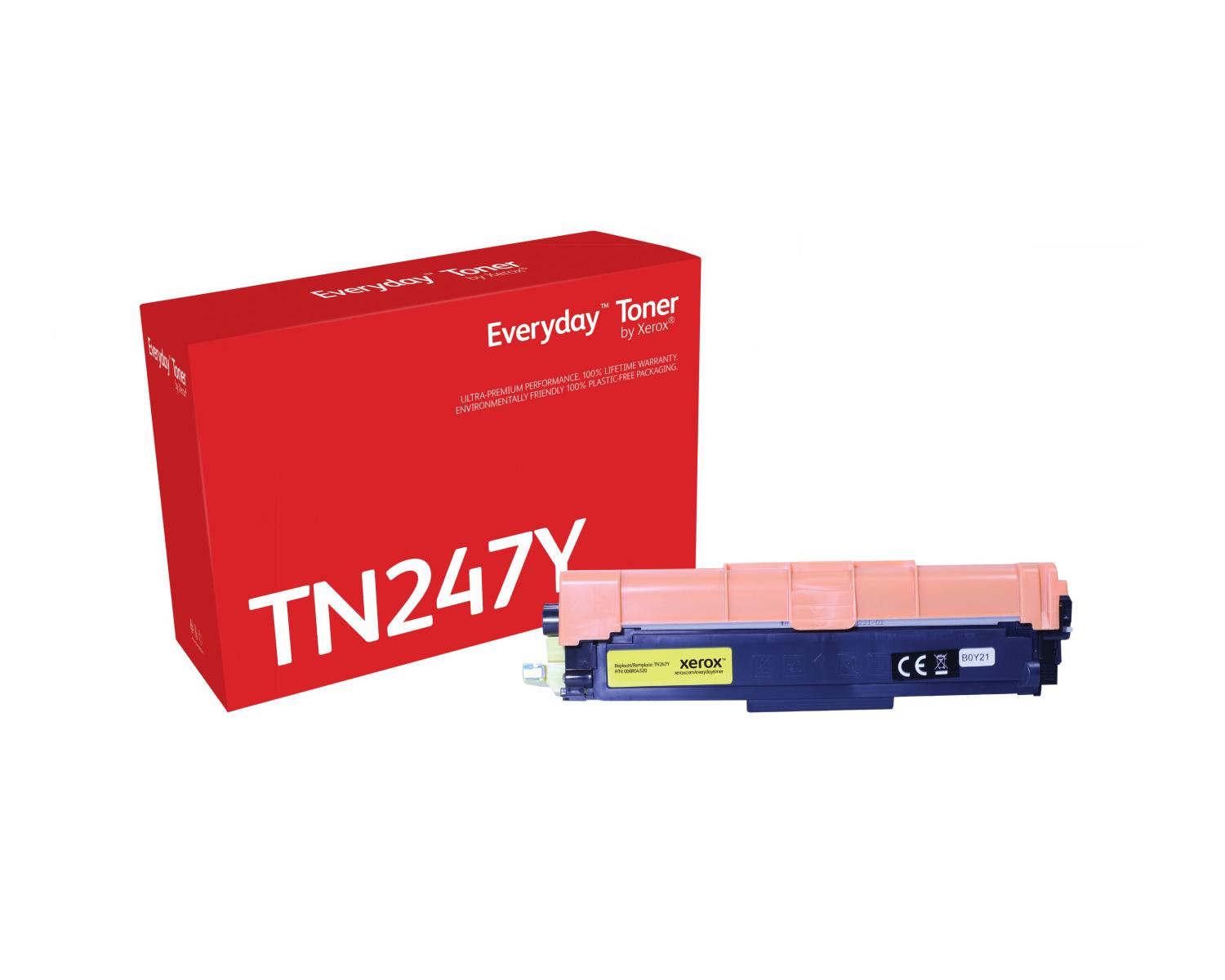 Una scatola rossa etichettata TN247Y e una cartuccia toner Xerox gialla accanto.