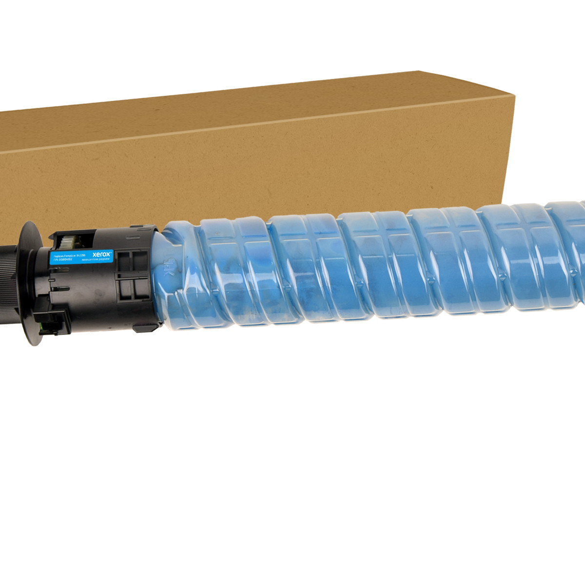Een blauwe Xerox toner cilinder met een bruine doos op de achtergrond.