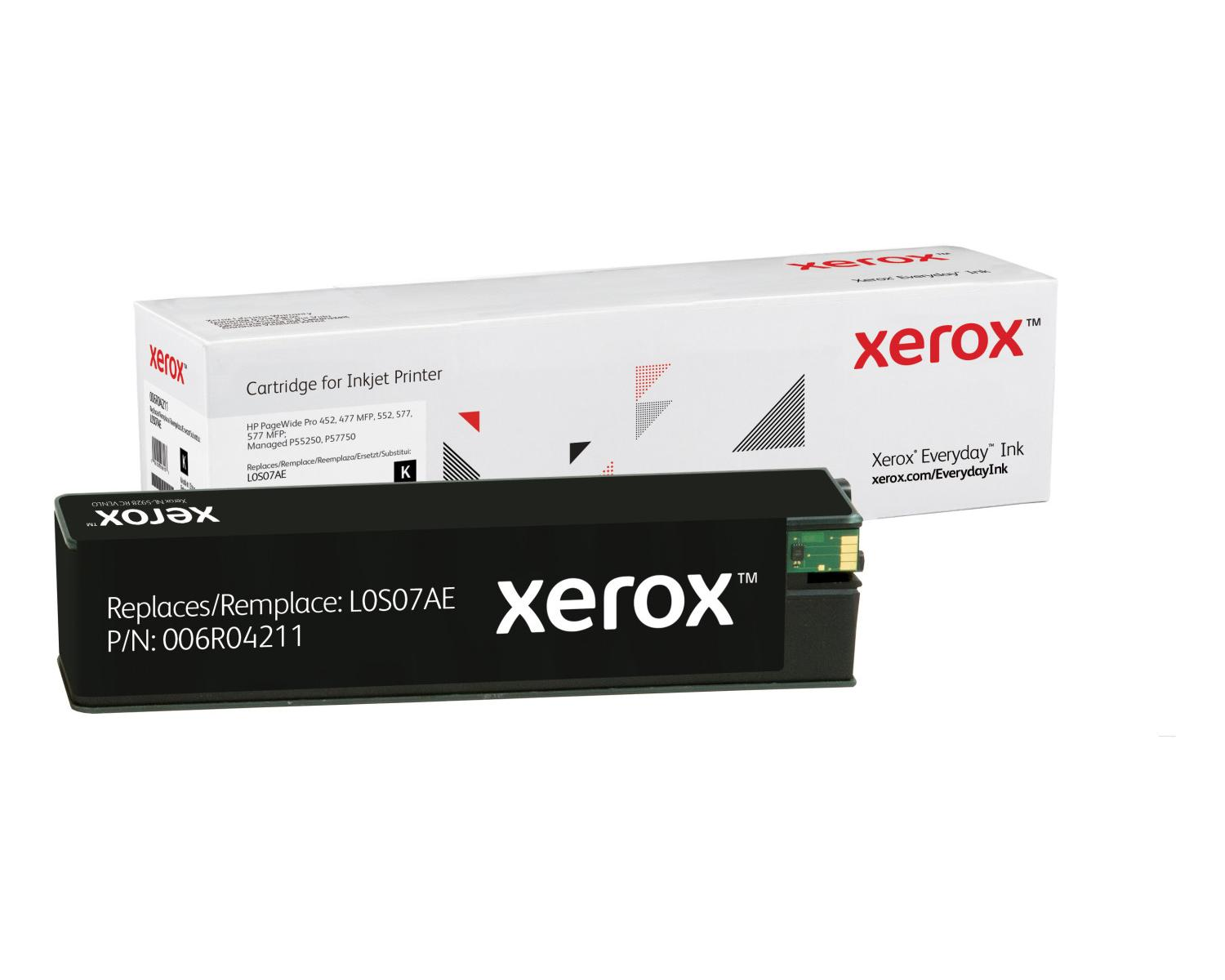 Cartuccia a getto d'inchiostro Xerox nera con imballaggio. Il testo riporta i modelli di stampante e il numero di parte.