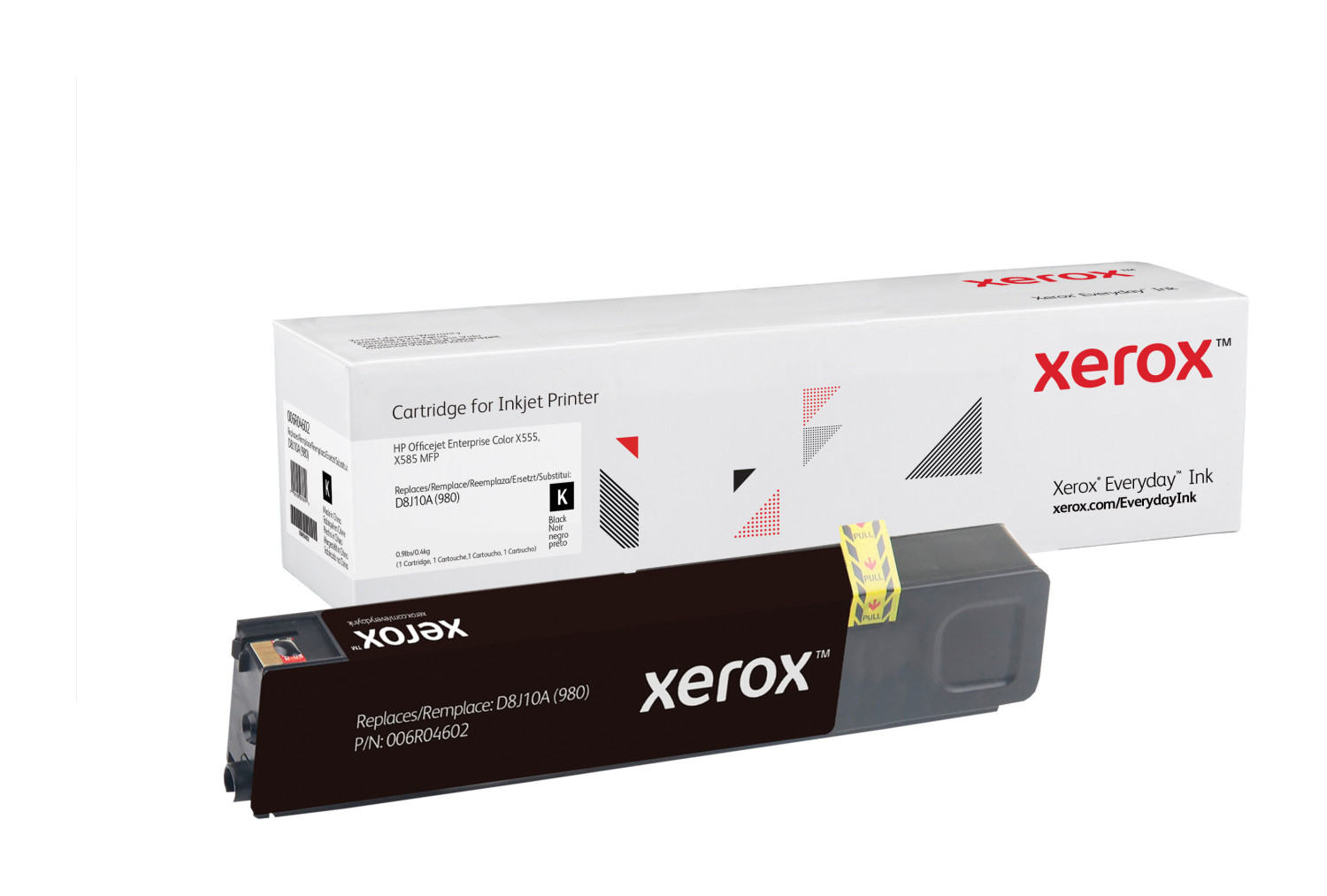 Viene mostrata una cartuccia d'inchiostro Xerox nera e la sua scatola. La scatola indica che sostituisce HP D8J10A (980).