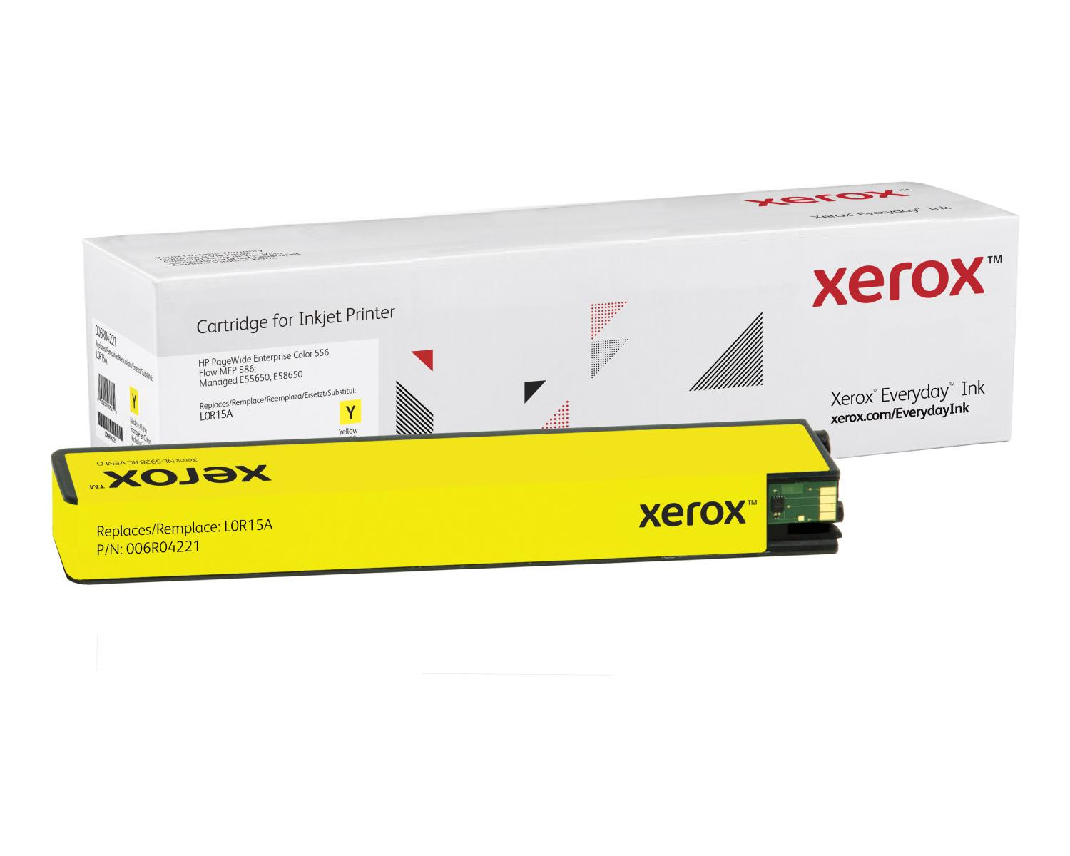 Żółty tusz Xerox i pudełko do drukarki HP PageWide Enterprise Color 556.