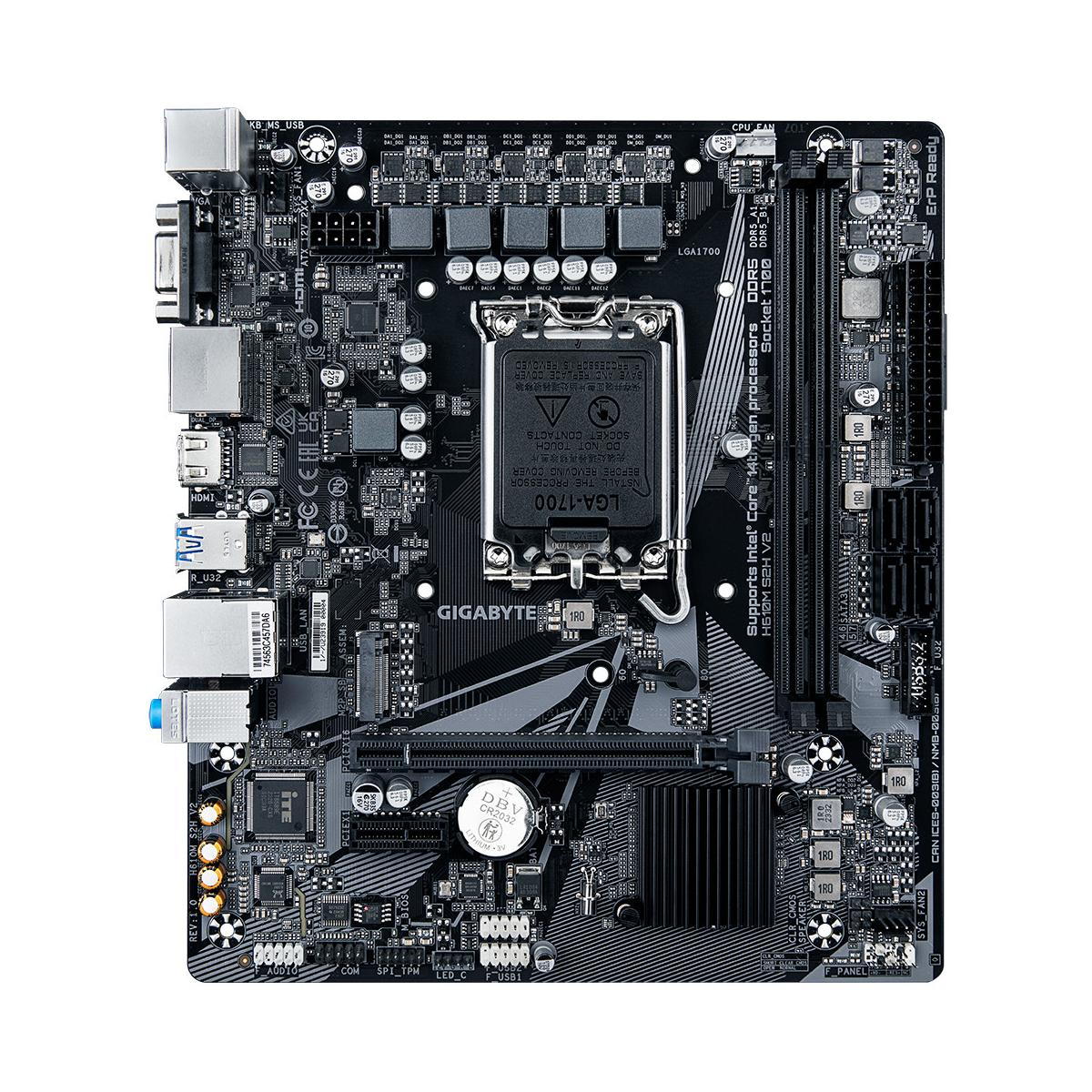 Eine schwarze Gigabyte H610M S2H V2 Hauptplatine mit LGA 1700 Sockel und Anschlüssen.