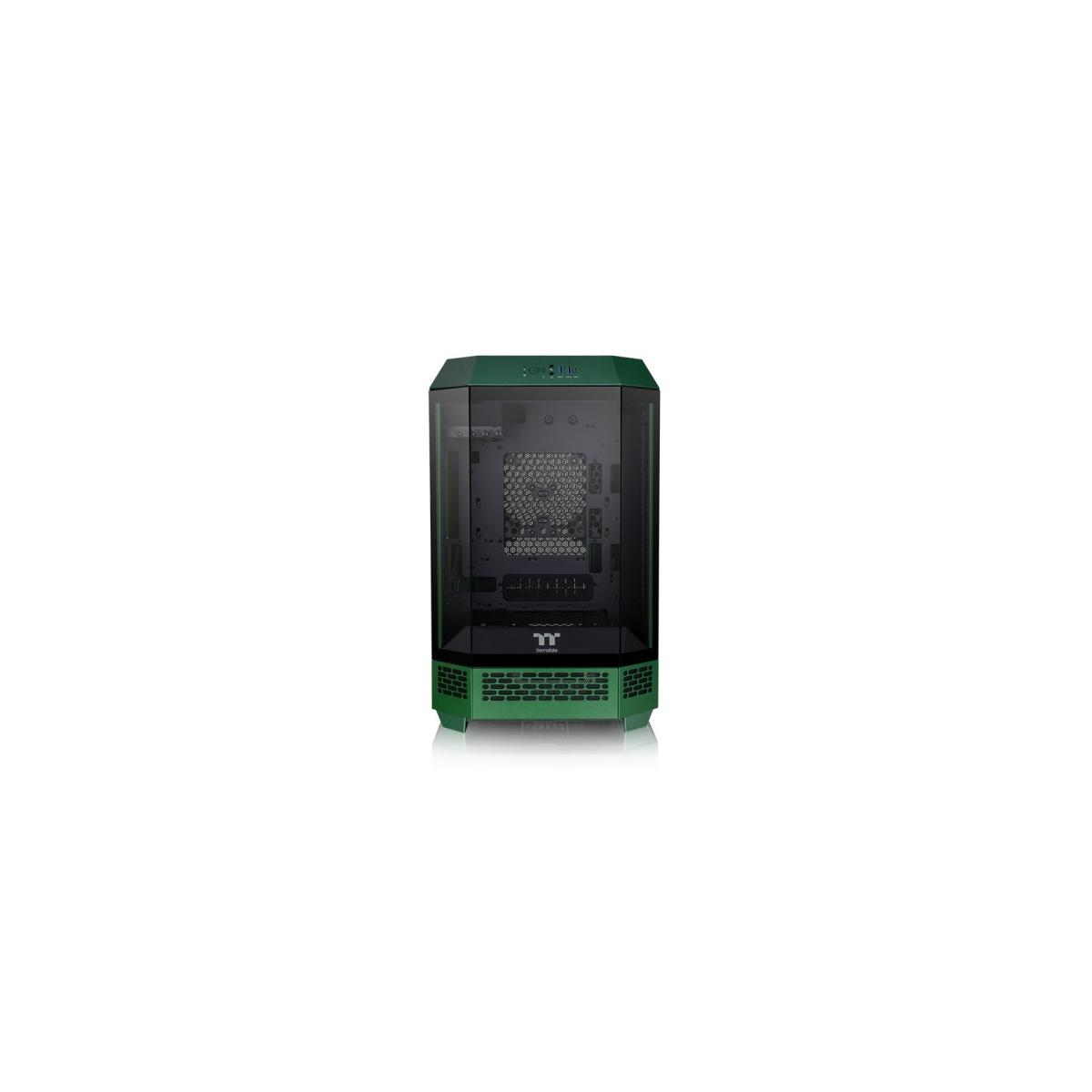 Un case per PC verde con pannelli in vetro e interno nero.