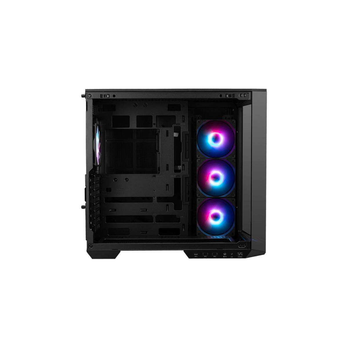 An empty PC tower with three illuminated fans on the front.