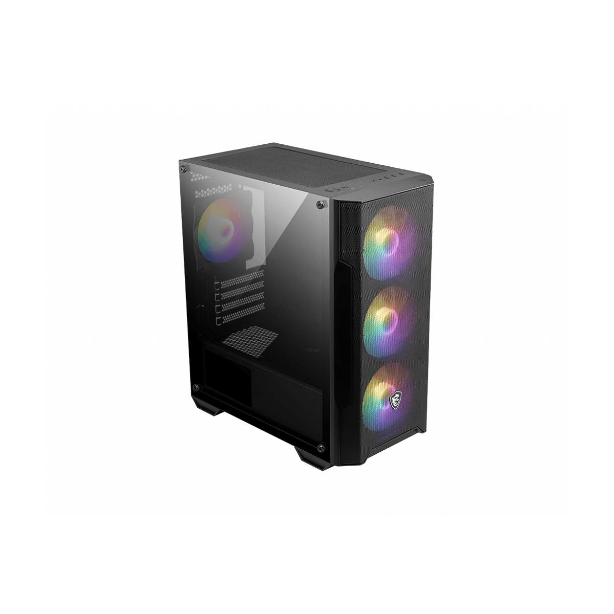 Czarna obudowa komputera z szklanym panelem bocznym i wentylatorami RGB.